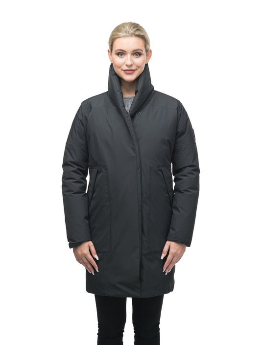 Women's down filled parka with cocoon silhouette and a beautiful shawl collar in Black