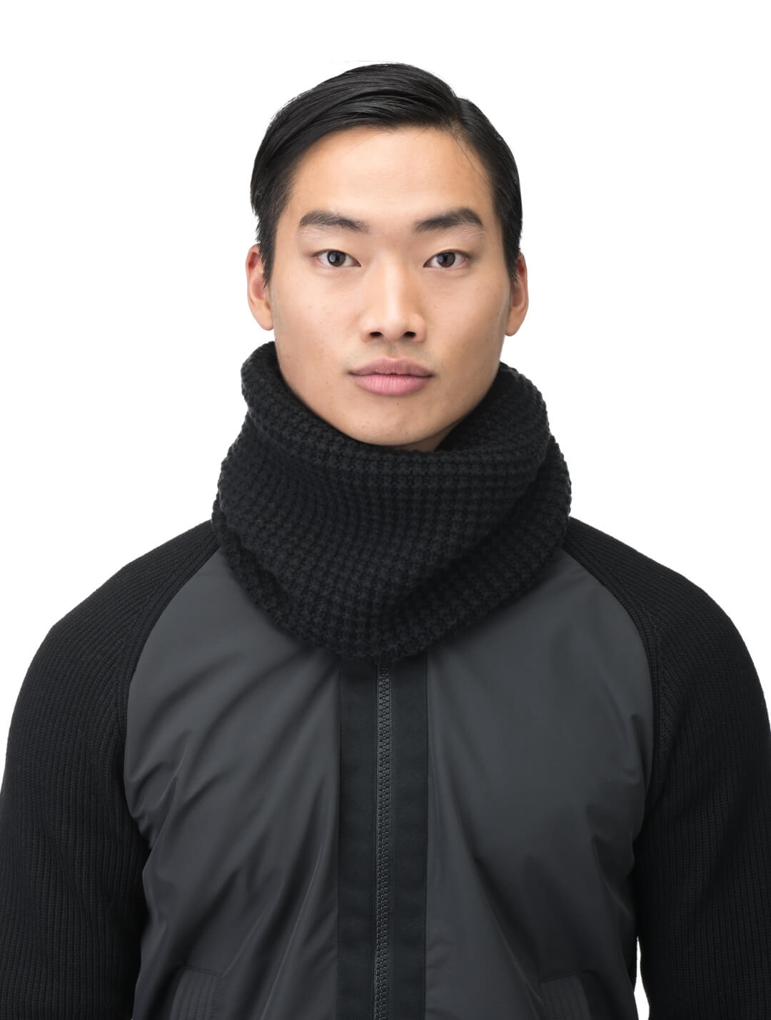 Alder Unisex Knit Gaiter infinity scarf in superfine alpaca and extrafine merino wool, in Black