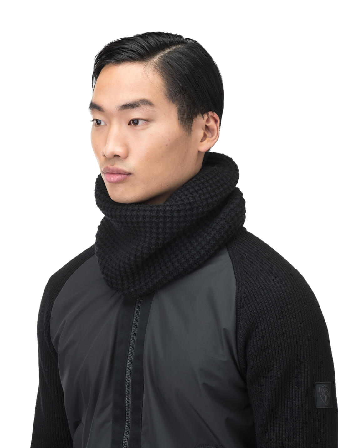 Alder Unisex Knit Gaiter infinity scarf in superfine alpaca and extrafine merino wool, in Black