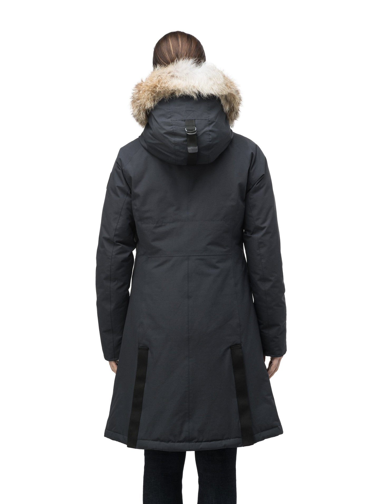 Knee length women's down filled parka with contrast ribbon accents and removable fur trim on the hood in Black