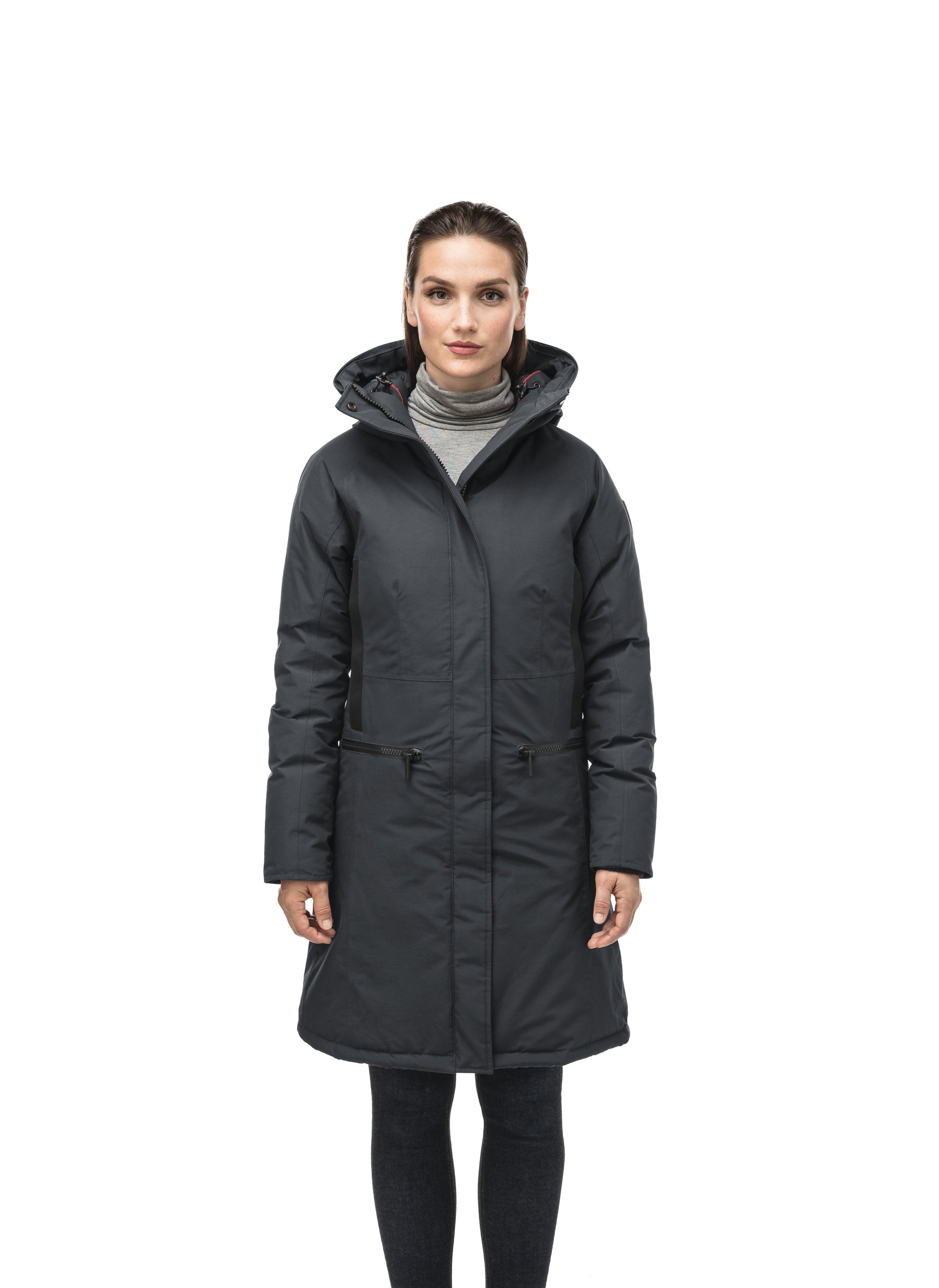 Knee length women's down filled parka with contrast ribbon accents and removable fur trim on the hood in Black