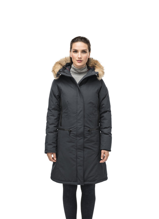 Knee length women's down filled parka with contrast ribbon accents and removable fur trim on the hood in Black + Black