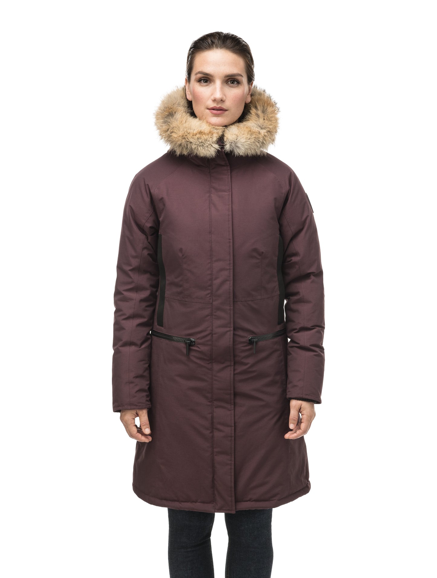 Knee length women's down filled parka with contrast ribbon accents and removable fur trim on the hood in Burgundy