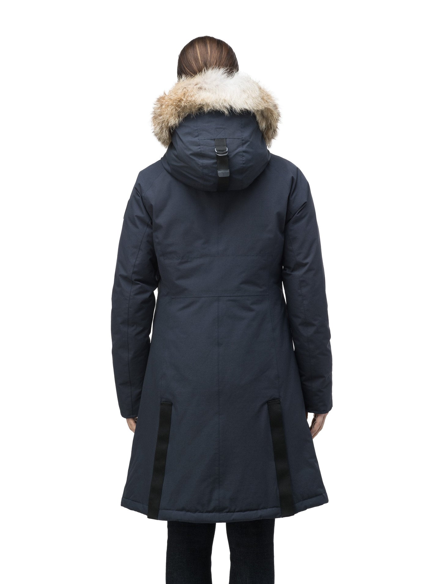 Knee length women's down filled parka with contrast ribbon accents and removable fur trim on the hood in Navy