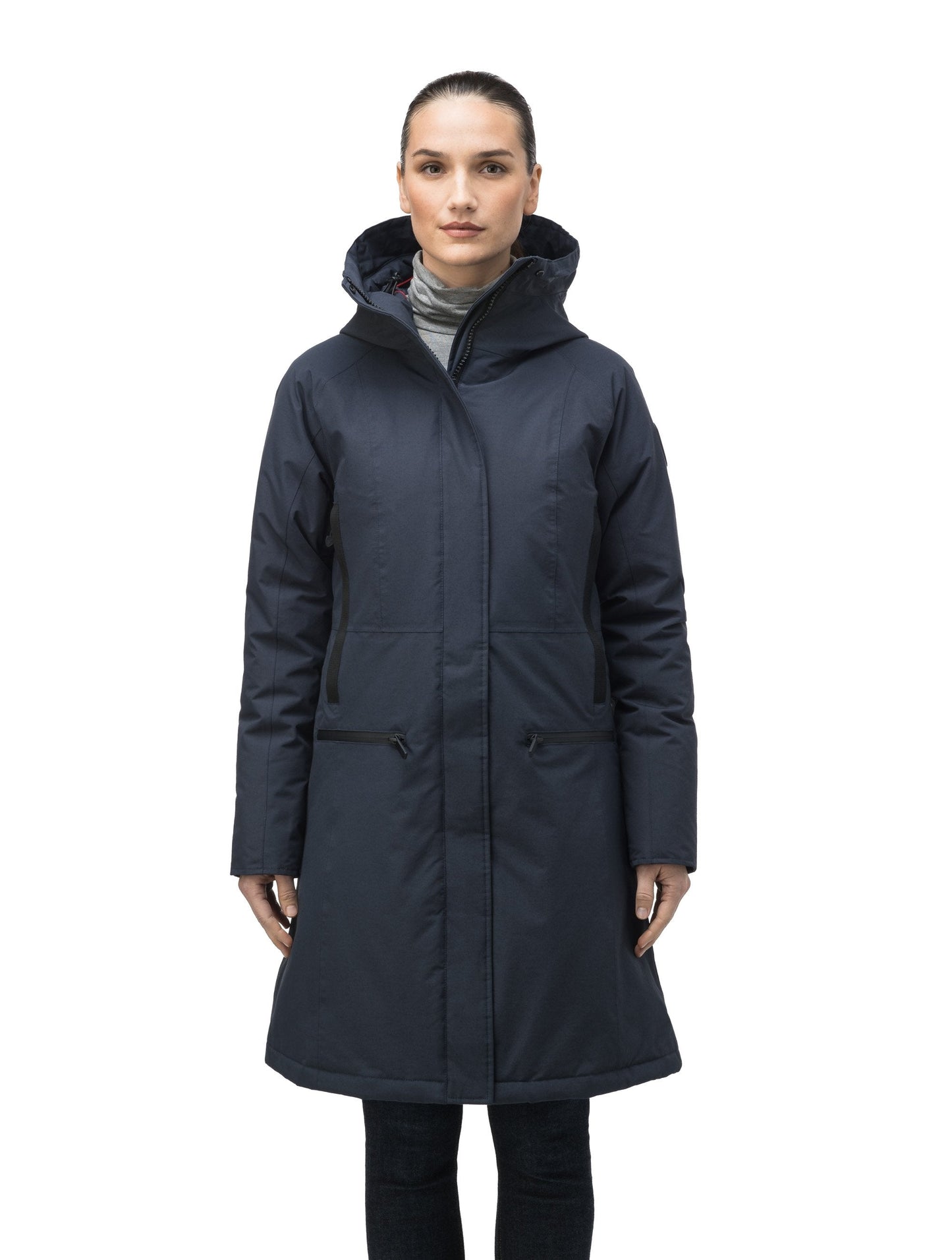 Knee length women's down filled parka with contrast ribbon accents and removable fur trim on the hood in Navy