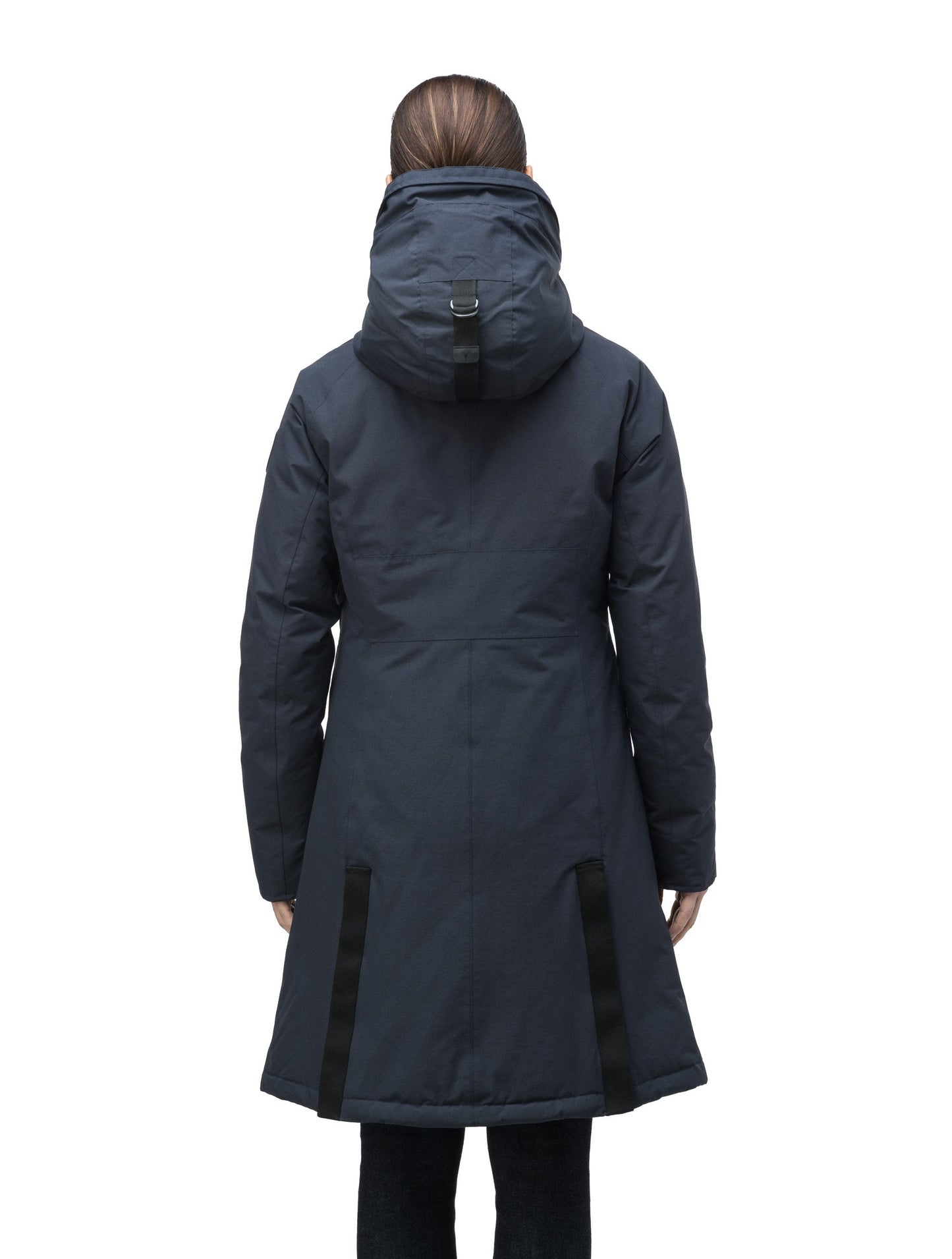 Knee length women's down filled parka with contrast ribbon accents and removable fur trim on the hood in Navy