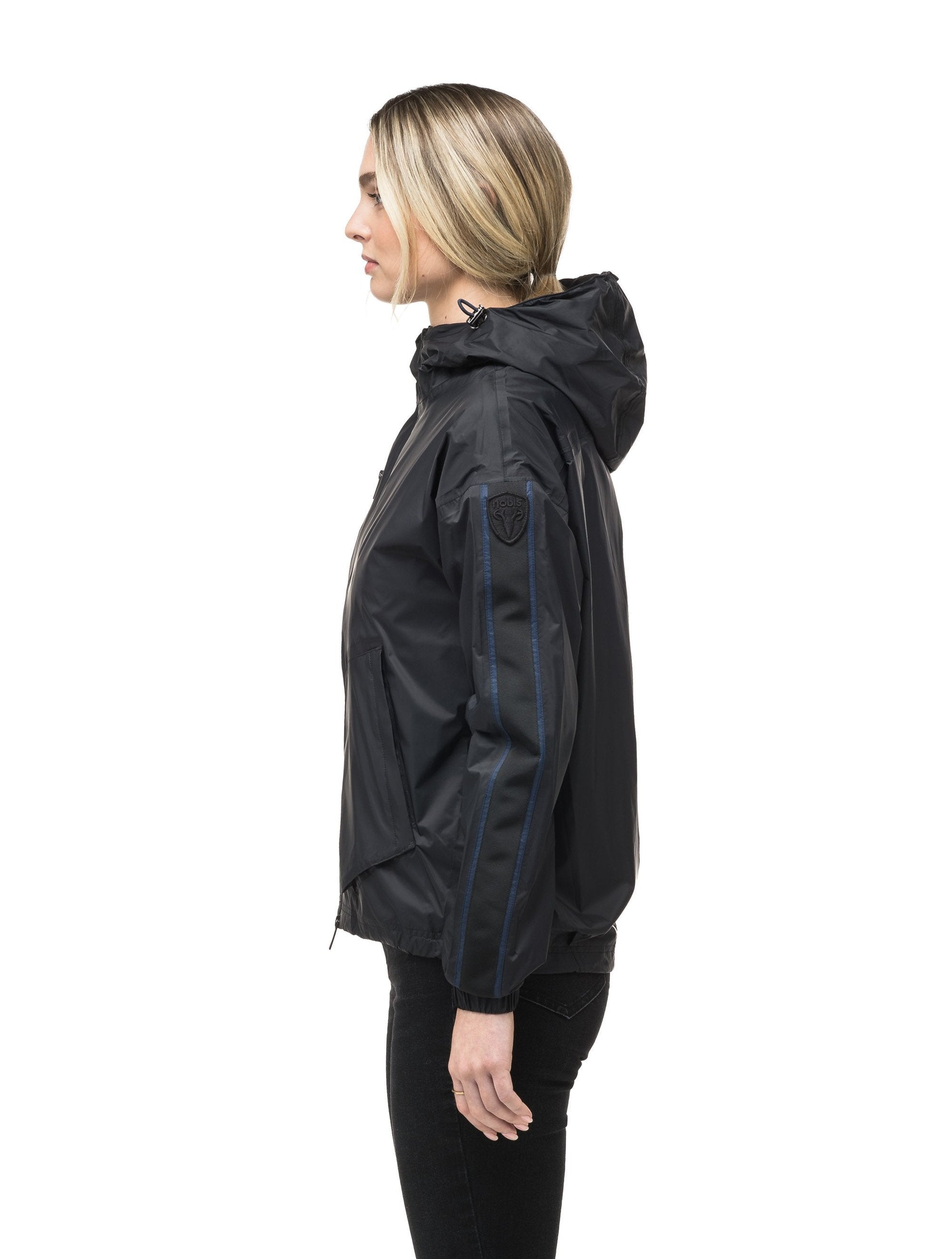 Women's waist length windbreaker with hood in Black