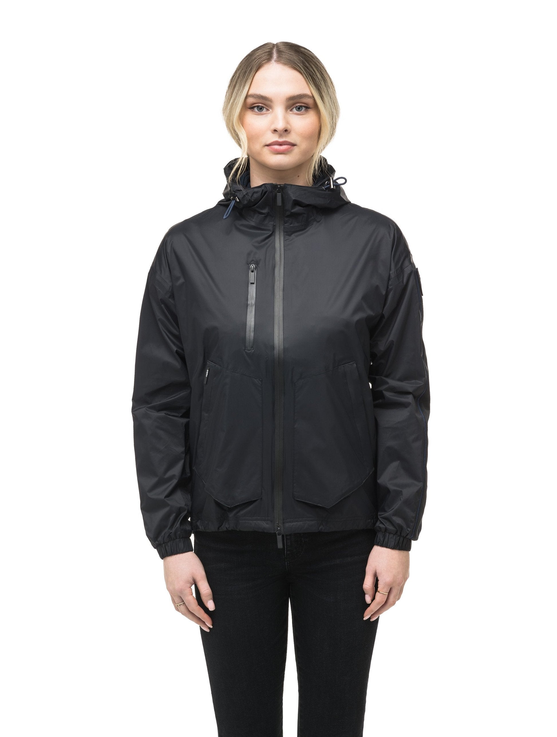 Women's waist length windbreaker with hood in Black