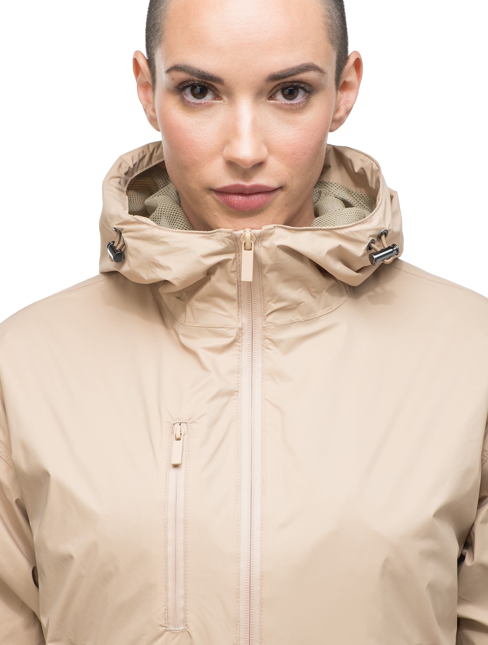 Women's waist length windbreaker with hood in Fawn