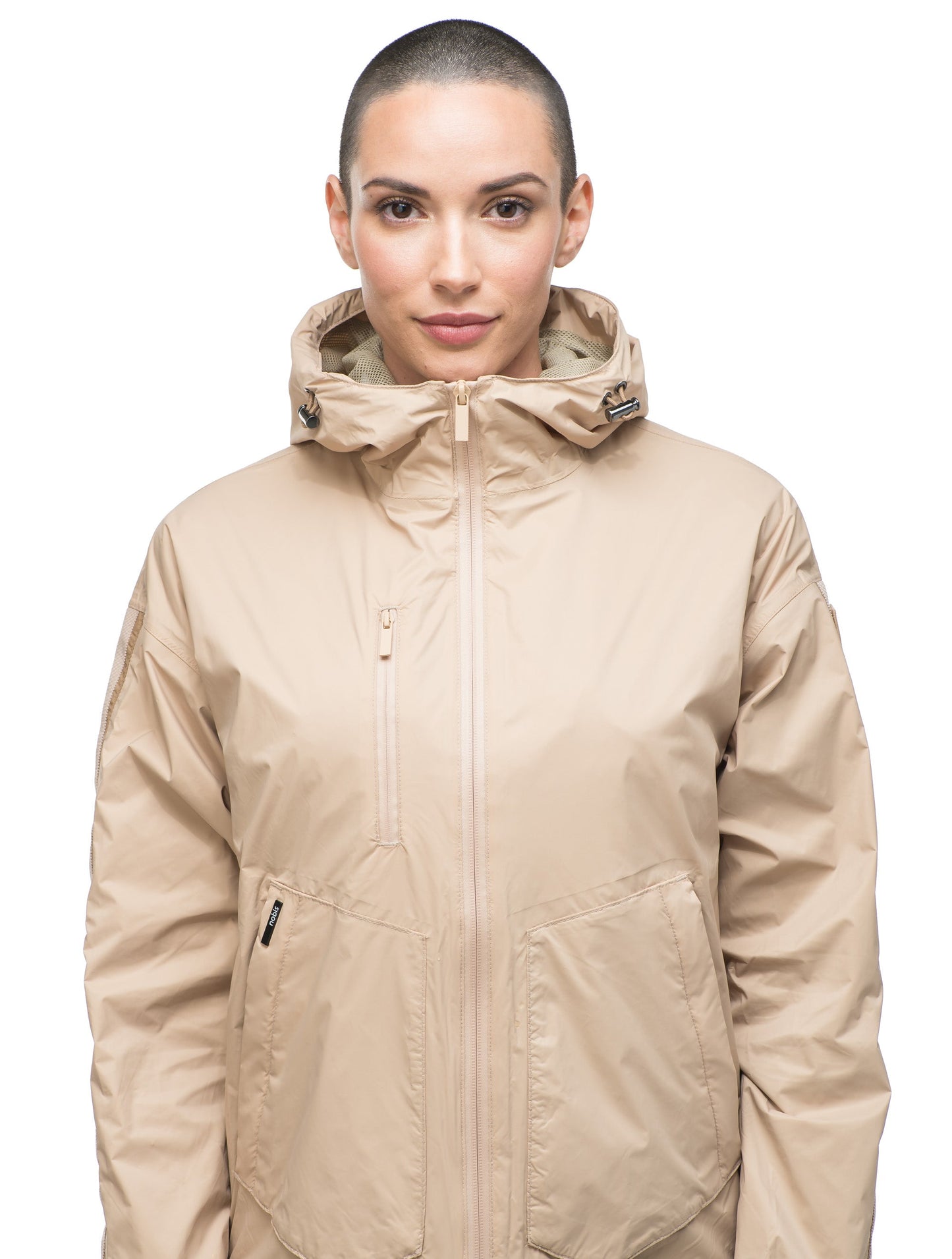 Women's waist length windbreaker with hood in Fawn