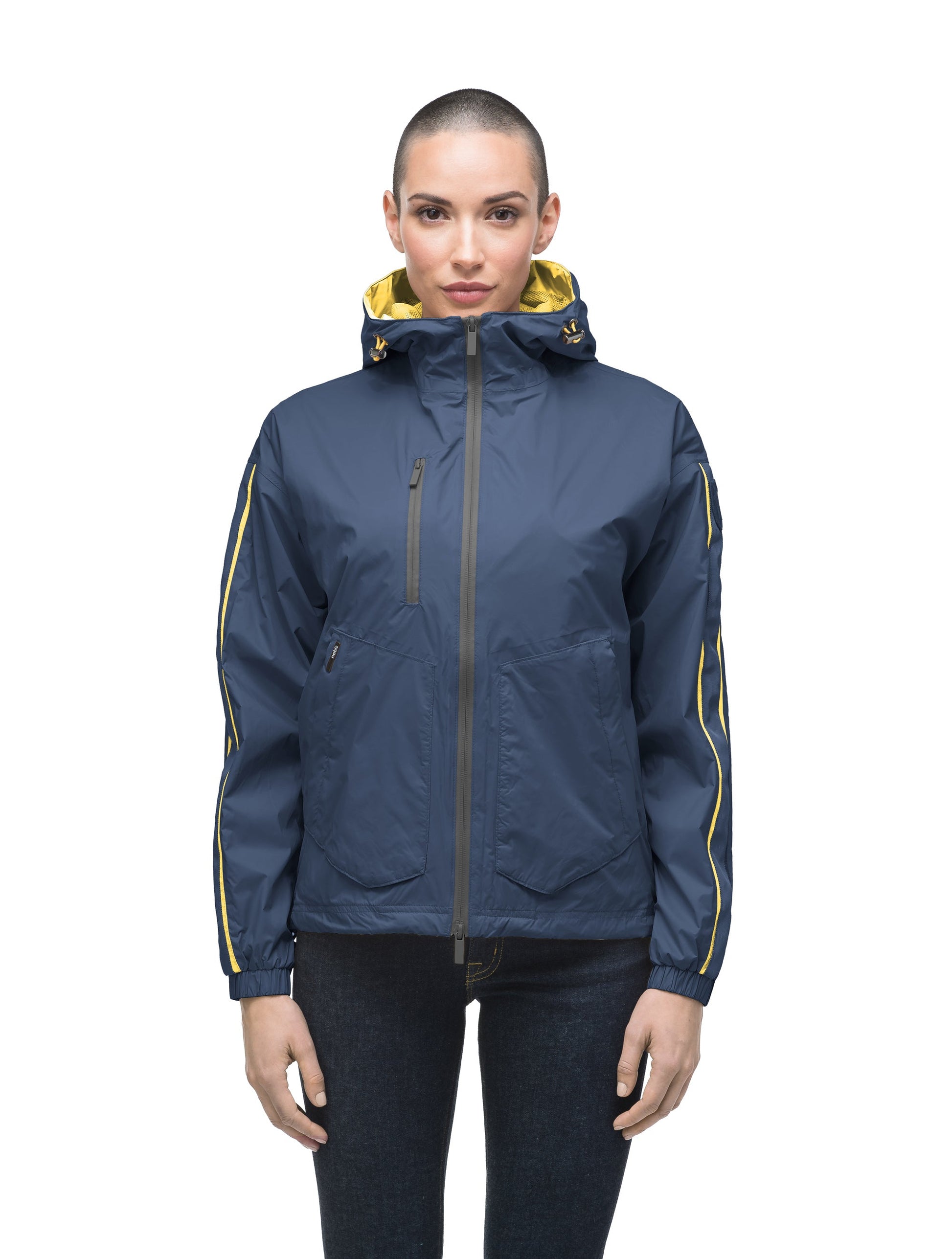 Women's waist length windbreaker with hood in Marine