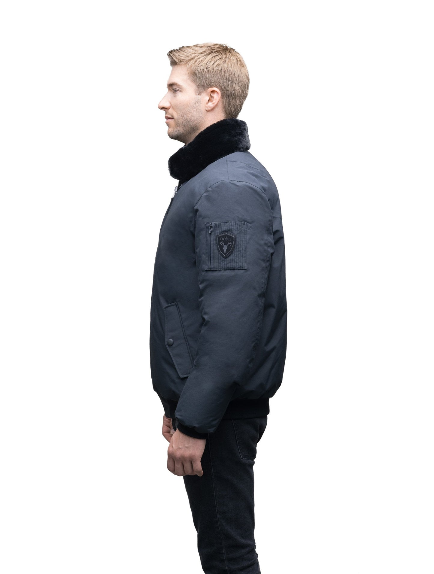 Men's classic down filled bomber jacket with a minimal design in Cy Black