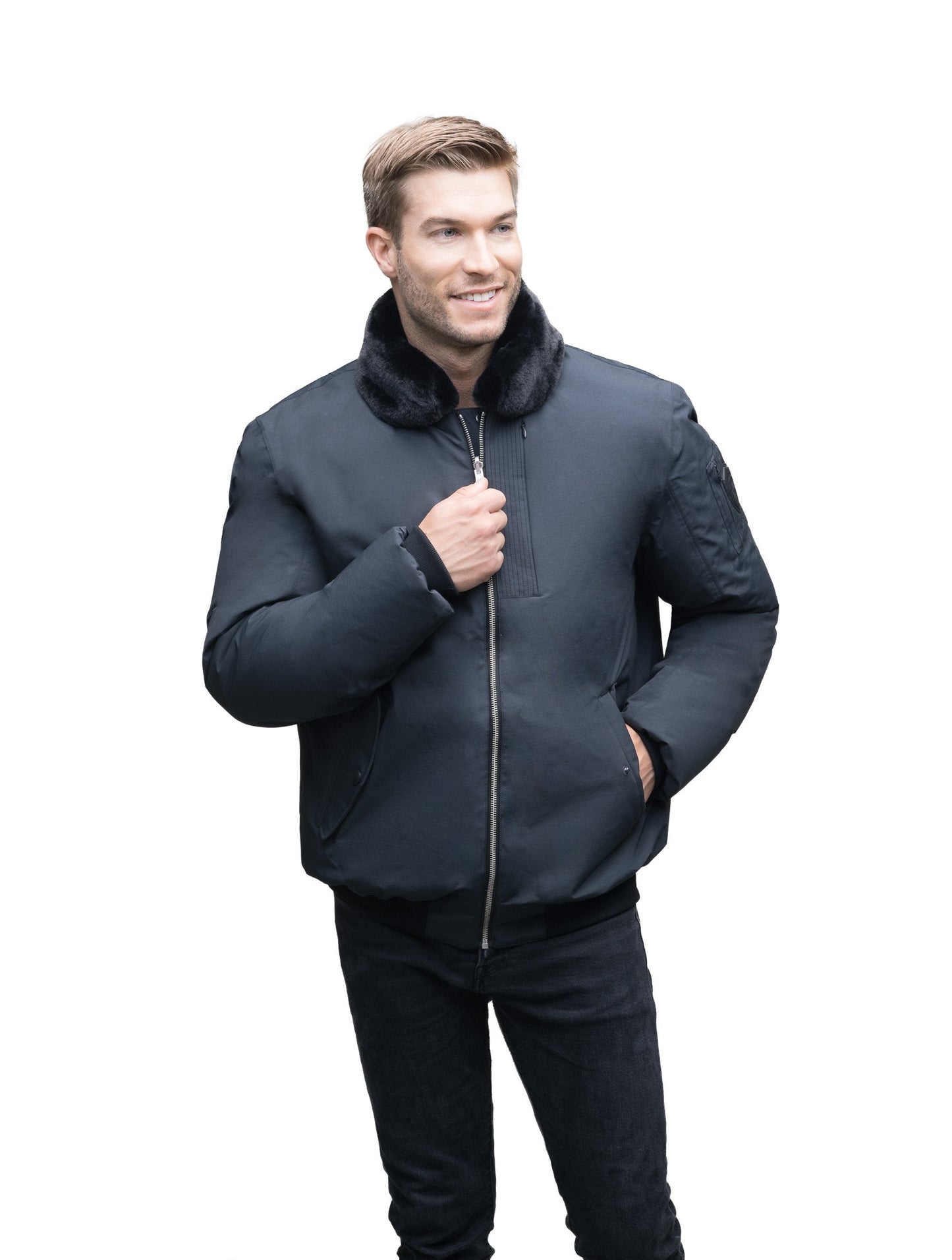 Men's classic down filled bomber jacket with a minimal design in Cy Black