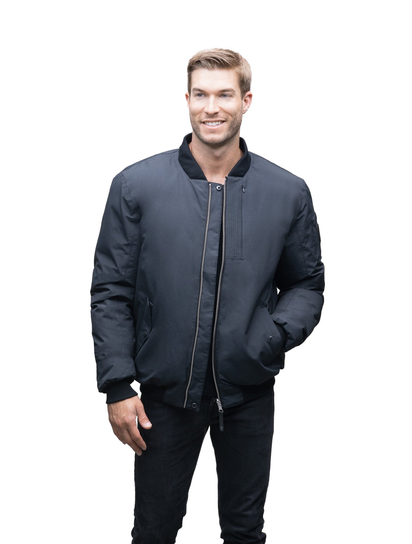 Men's classic down filled bomber jacket with a minimal design in Cy Black