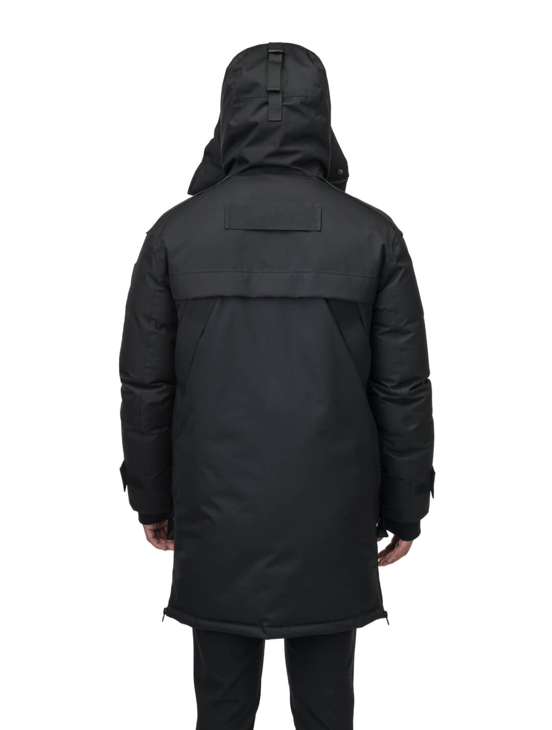 Alum Men's Long Parka in thigh length, Premium Canadian White Duck Down insulation, non-removable hood with removable coyote fur trim, two-way centre front zipper with magnetic closure wind flap, four exterior patch pockets at front, in Black