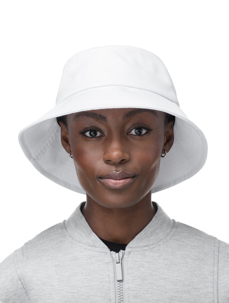 Unisex wide brim bucket hat with stitching detail on brim in Optic White