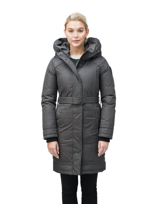 Women's Thigh length own parka with a furless oversized hood in CH Steel Grey