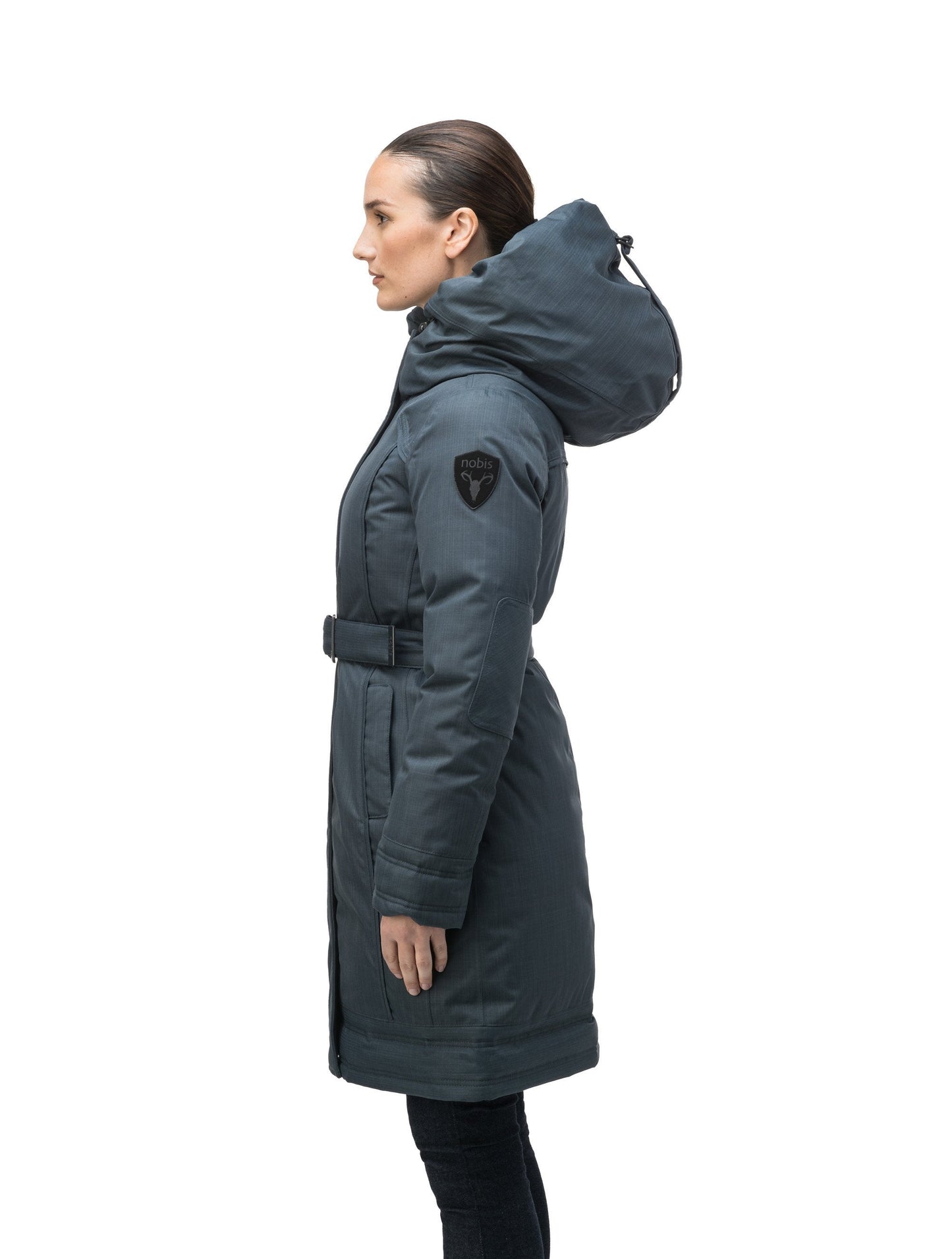 Women's Thigh length own parka with a furless oversized hood in CH Balsam