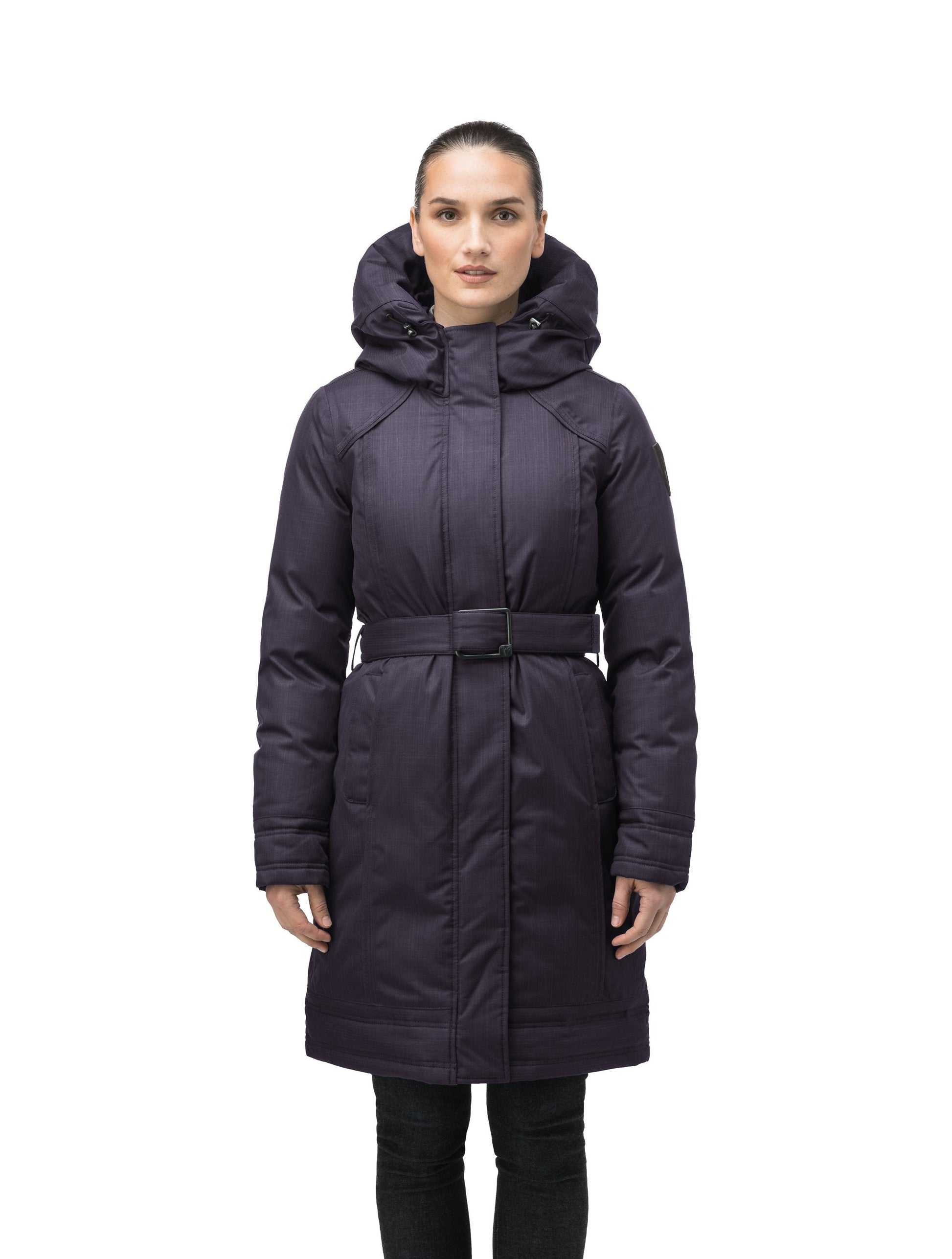 Women's Thigh length own parka with a furless oversized hood in CH Purple