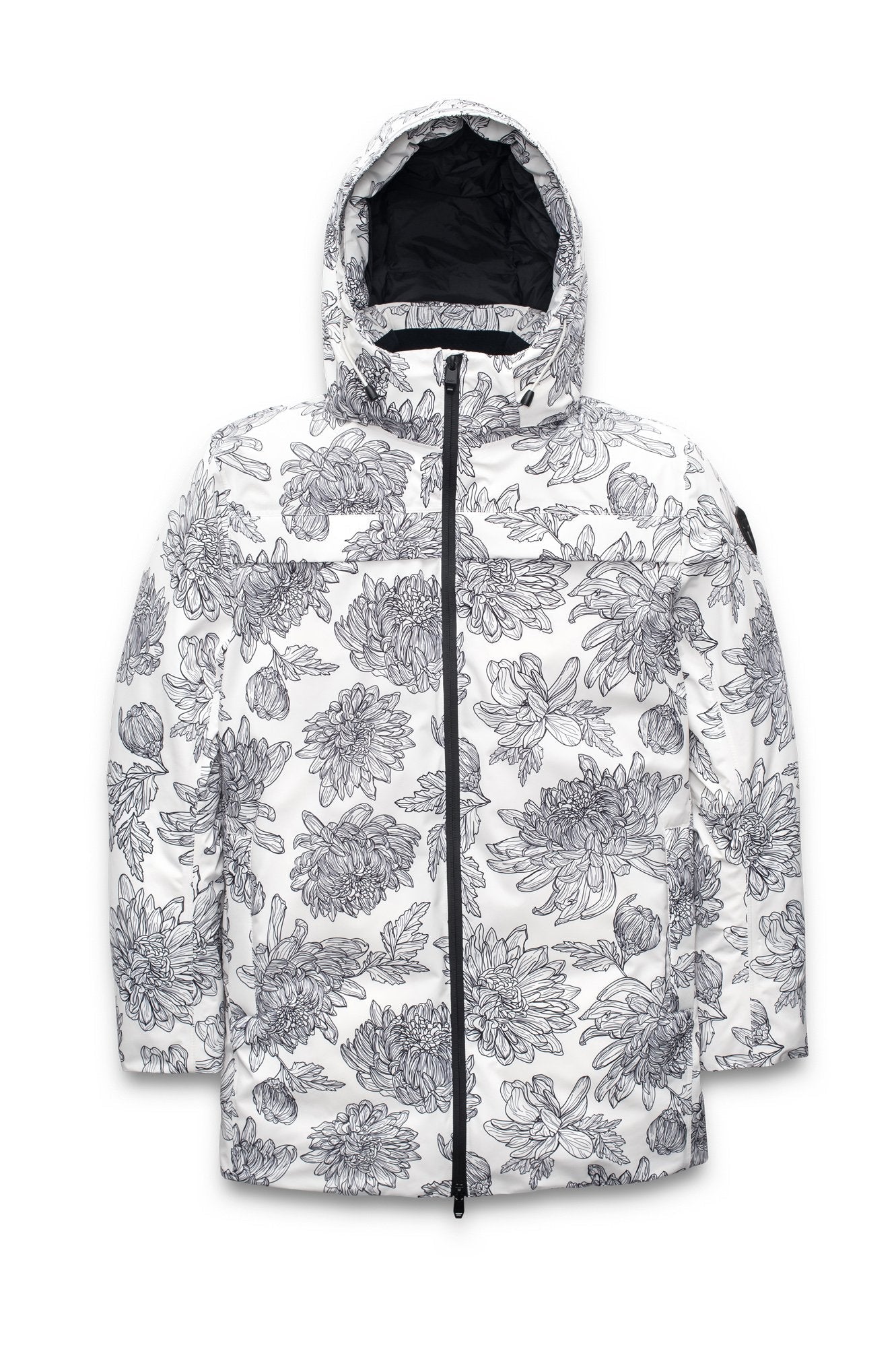 Atlas Men's Performance Parka in thigh length, Canadian duck down insulation, removable hood, and two-way zipper, in White Floral