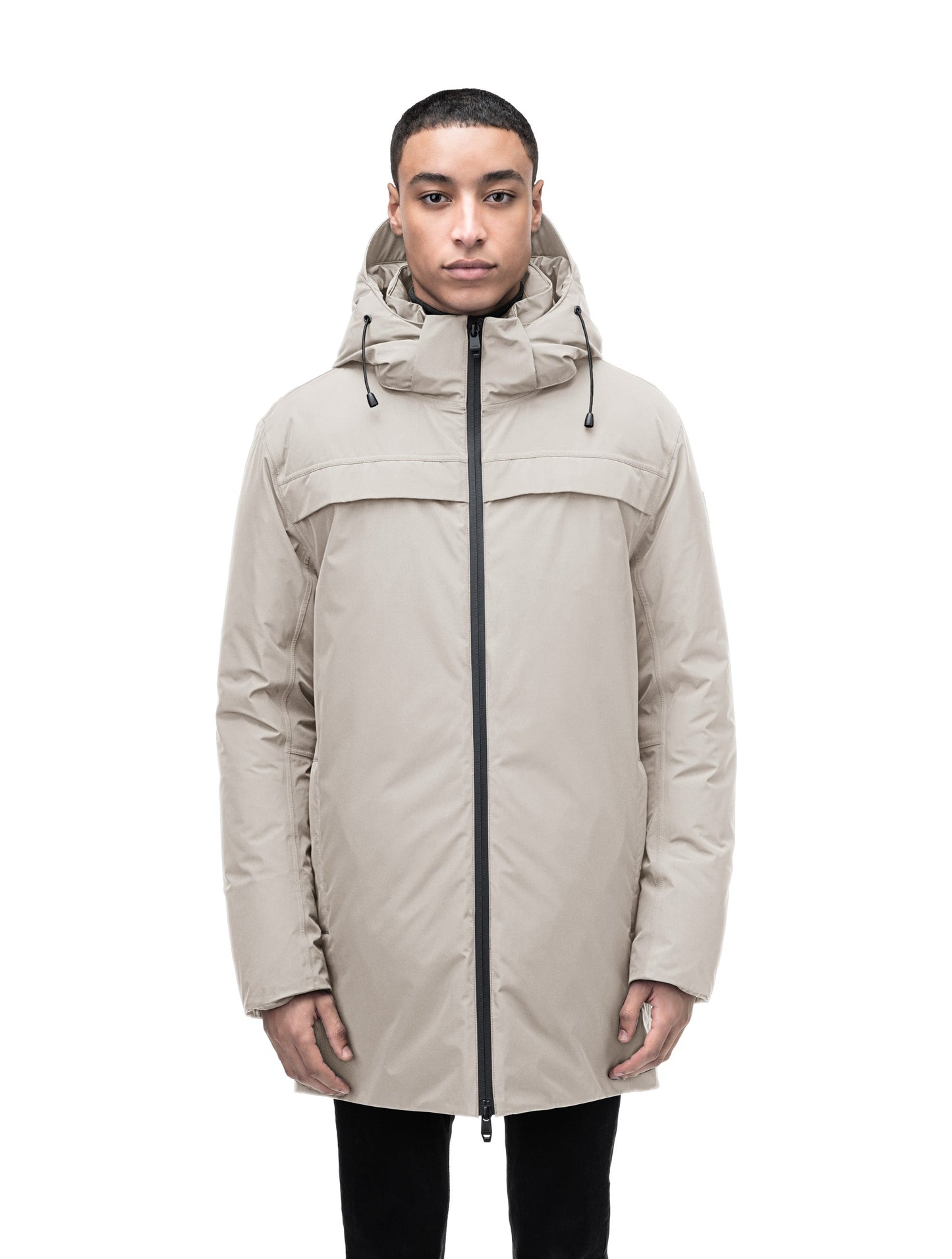 Atlas Men's Performance Parka in thigh length, Canadian duck down insulation, removable hood, and two-way zipper, in Clay