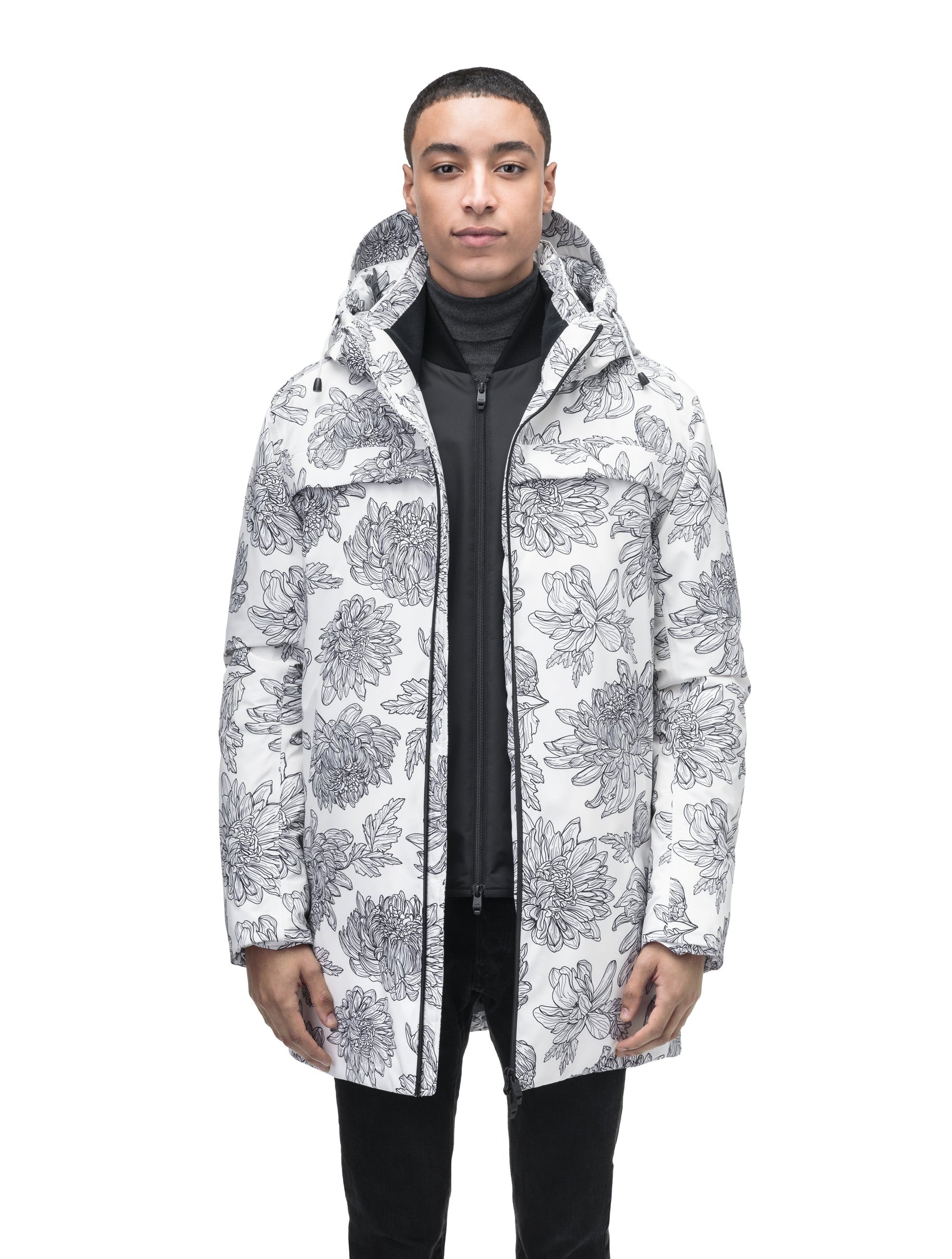 Atlas Men's Performance Parka in thigh length, Canadian duck down insulation, removable hood, and two-way zipper, in White Floral