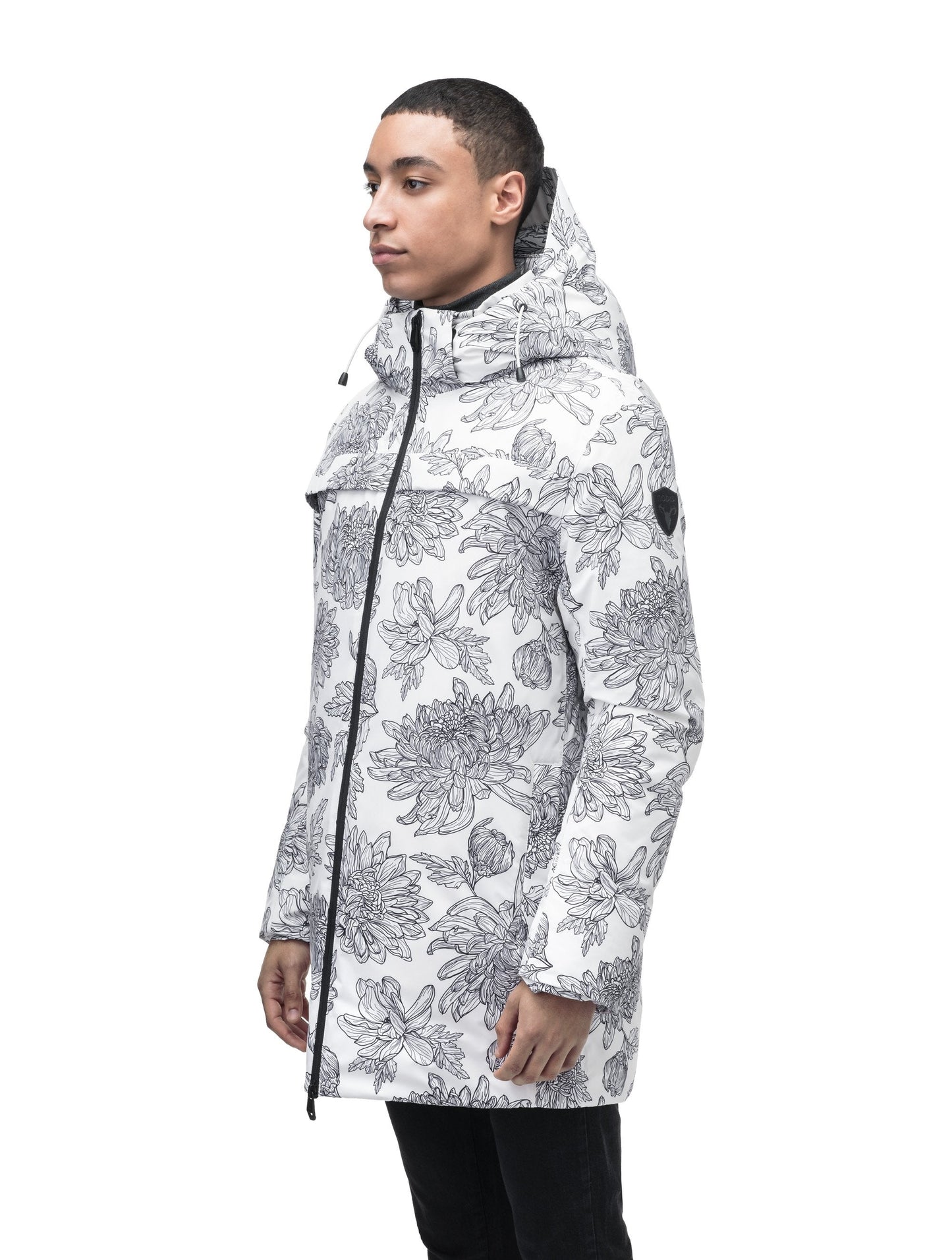 Atlas Men's Performance Parka in thigh length, Canadian duck down insulation, removable hood, and two-way zipper, in White Floral