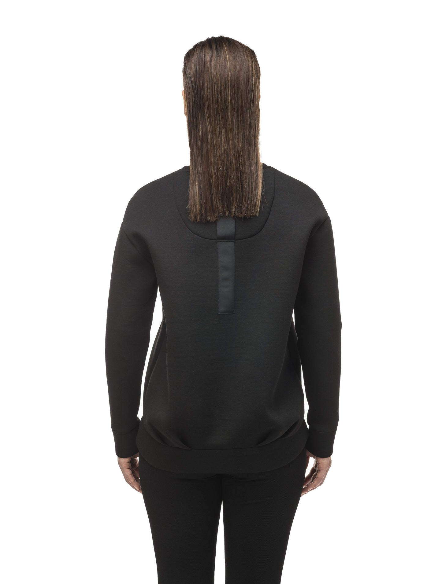 Classic black women's crew neck pullover with fold over hem detail in Black