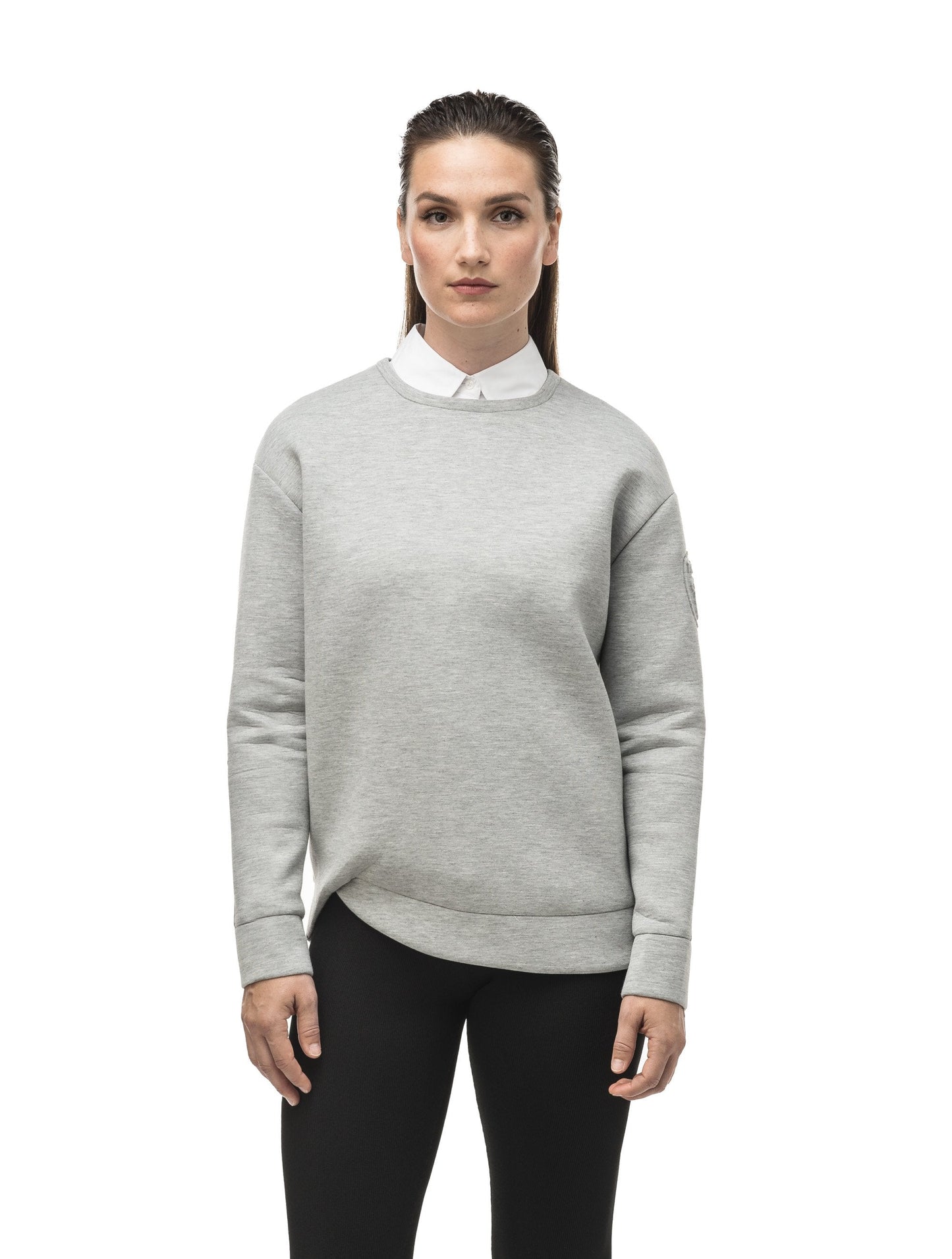 Classic women's crew neck pullover with fold over hem detail in Grey Melange