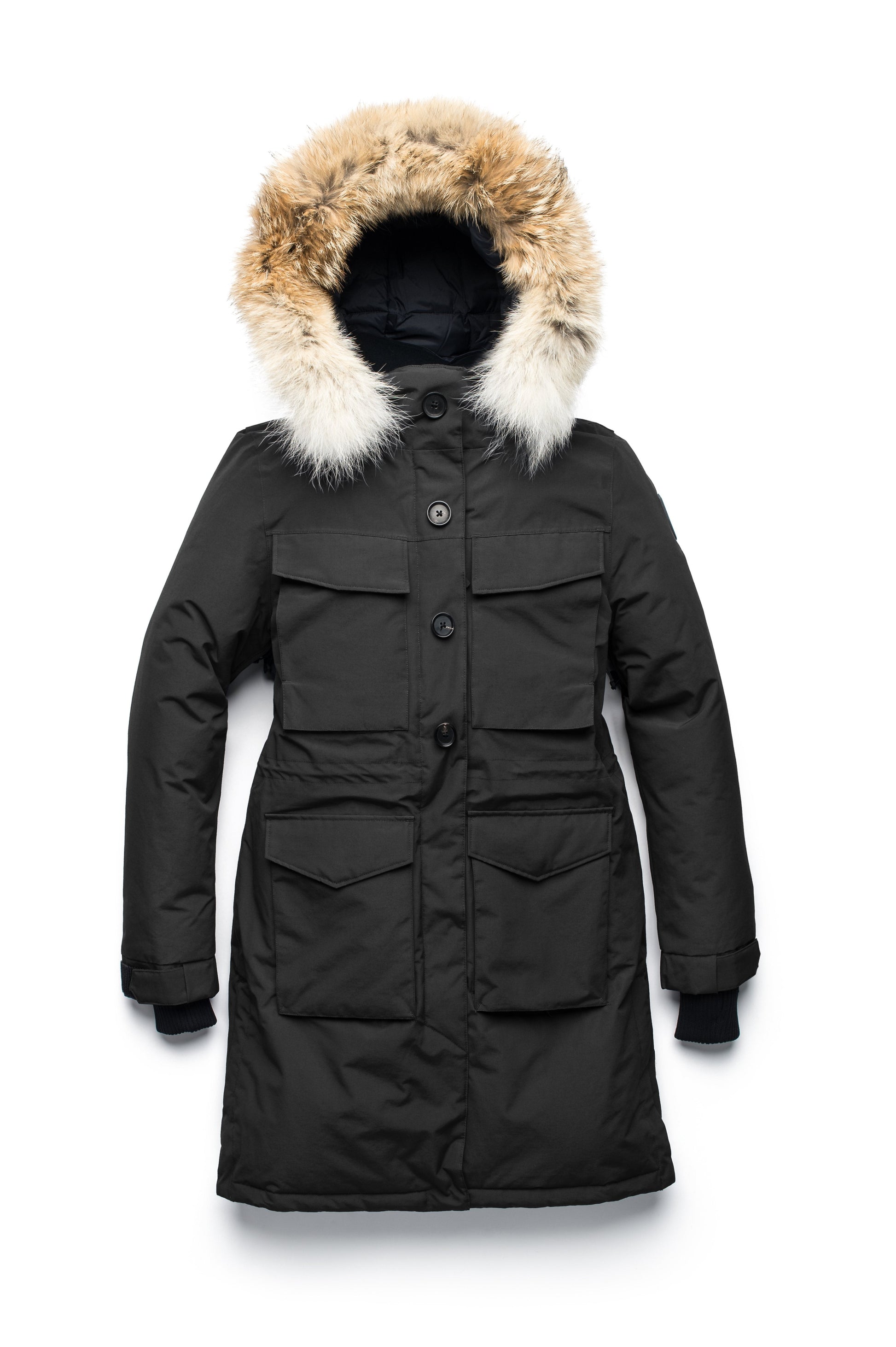 Women's knee length down filled parka with two chest patch pockets and two waist patch pockets in Black