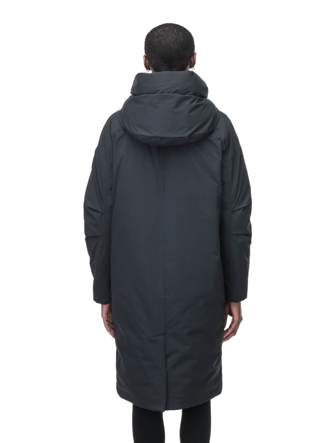 Axis Ladies Oversized Coat in knee length, Canadian duck down insulation, and two-way front zipper, in Black