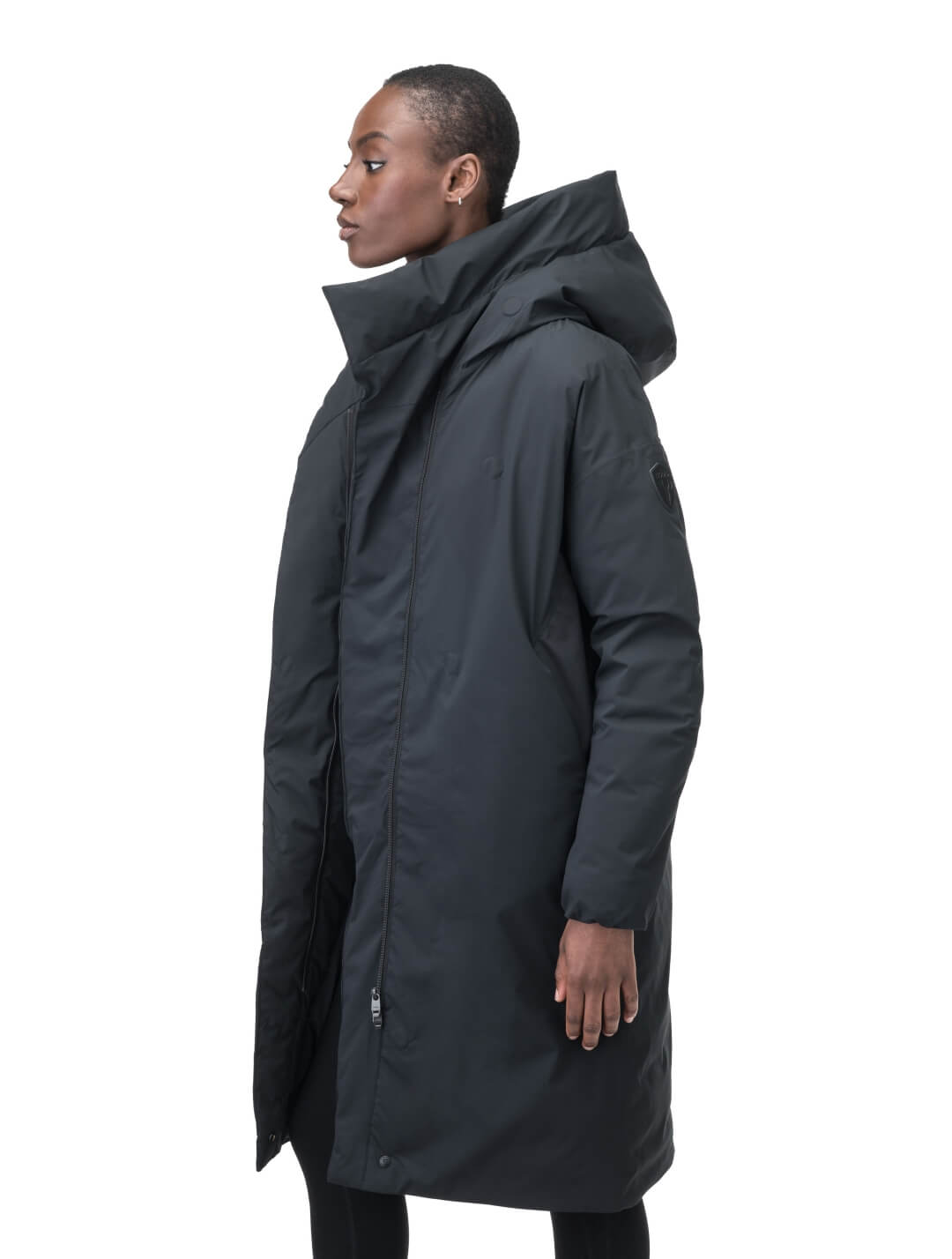 Axis Ladies Oversized Coat in knee length, Canadian duck down insulation, and two-way front zipper, in Black