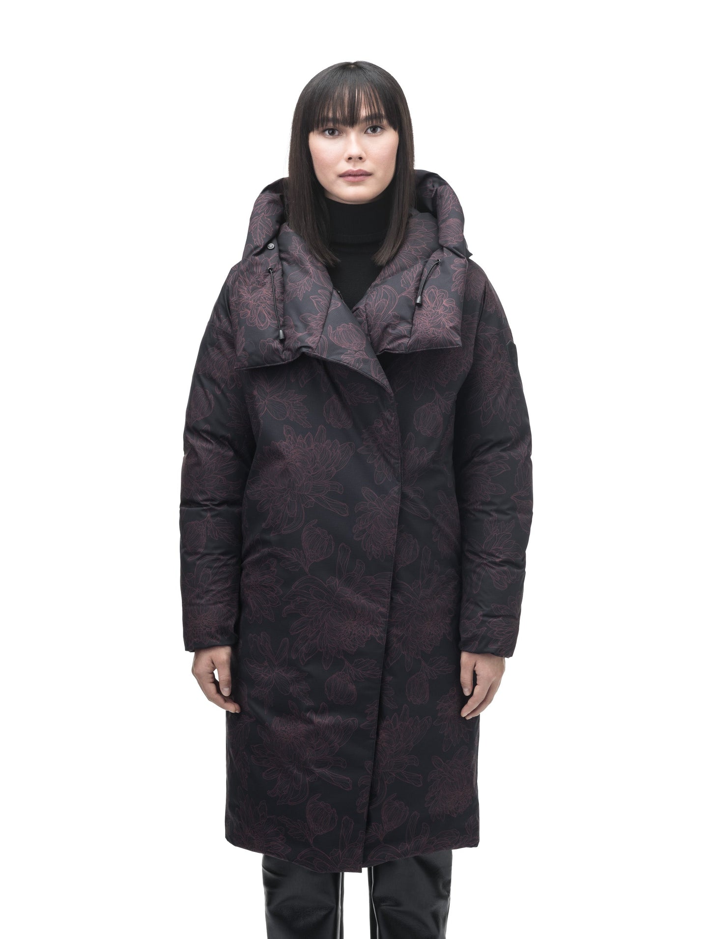 Axis Ladies Oversized Coat in knee length, Canadian duck down insulation, and two-way front zipper, in Dark Floral