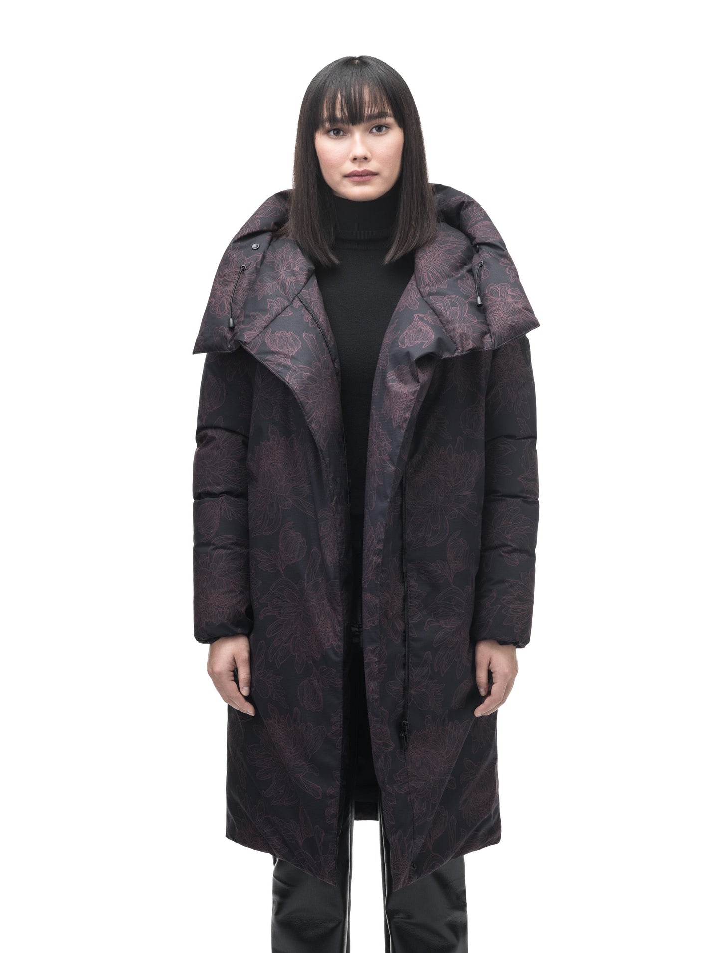 Axis Ladies Oversized Coat in knee length, Canadian duck down insulation, and two-way front zipper, in Dark Floral