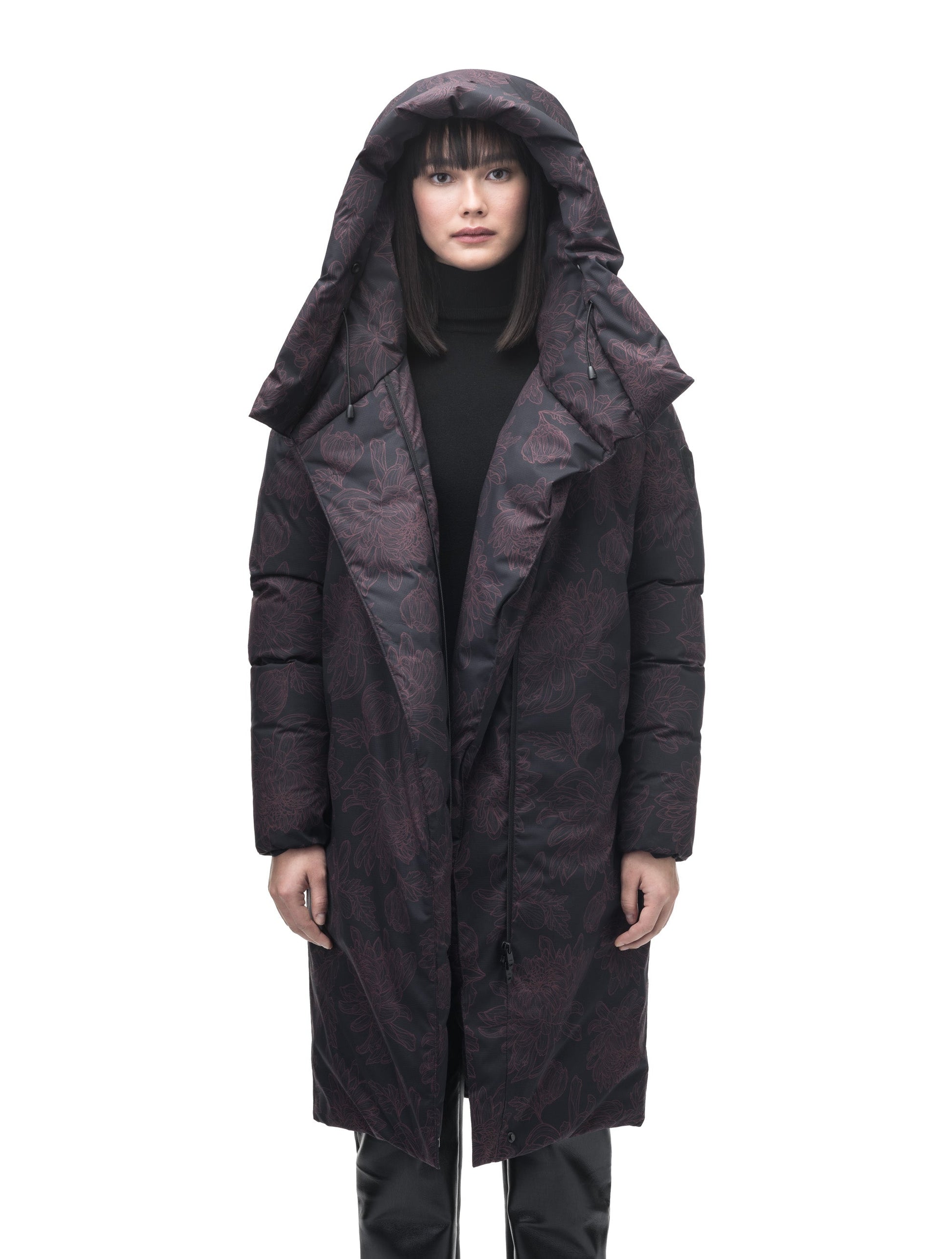 Axis Ladies Oversized Coat in knee length, Canadian duck down insulation, and two-way front zipper, in Dark Floral