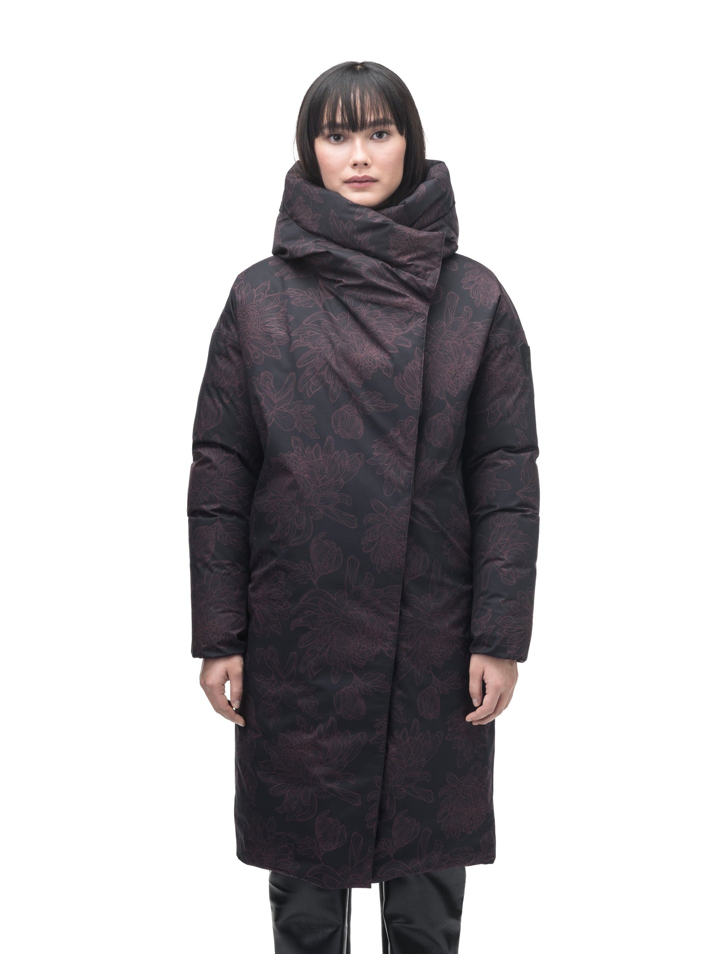 Axis Ladies Oversized Coat in knee length, Canadian duck down insulation, and two-way front zipper, in Dark Floral