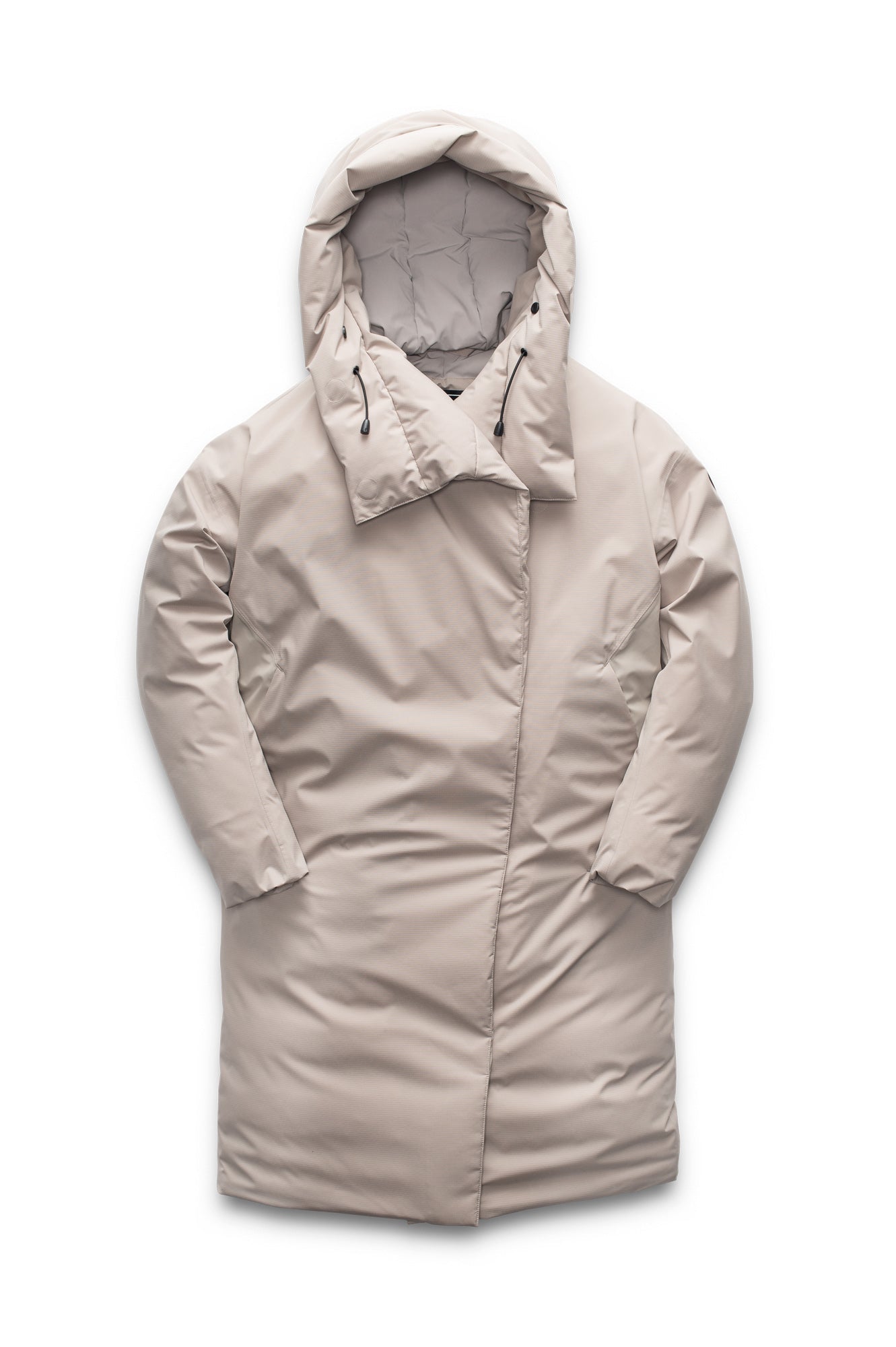 Axis Ladies Oversized Coat in knee length, Canadian duck down insulation, and two-way front zipper, in Clay