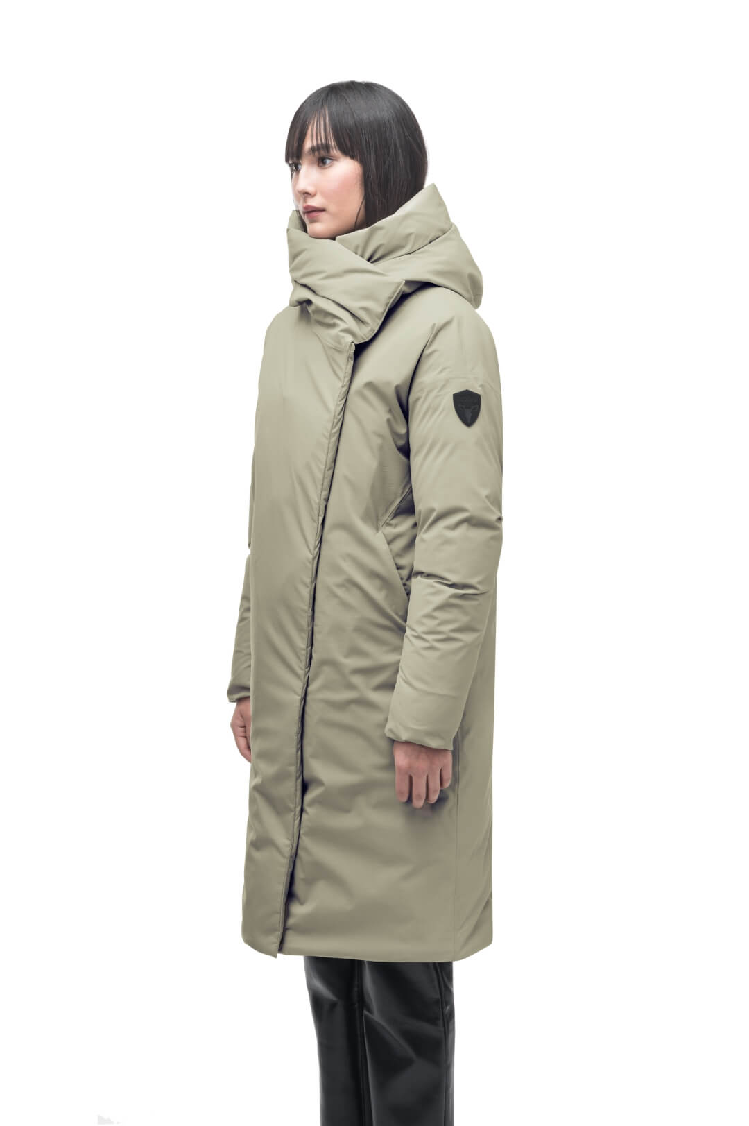 Axis Ladies Oversized Coat in knee length, Canadian duck down insulation, and two-way front zipper, in Tea