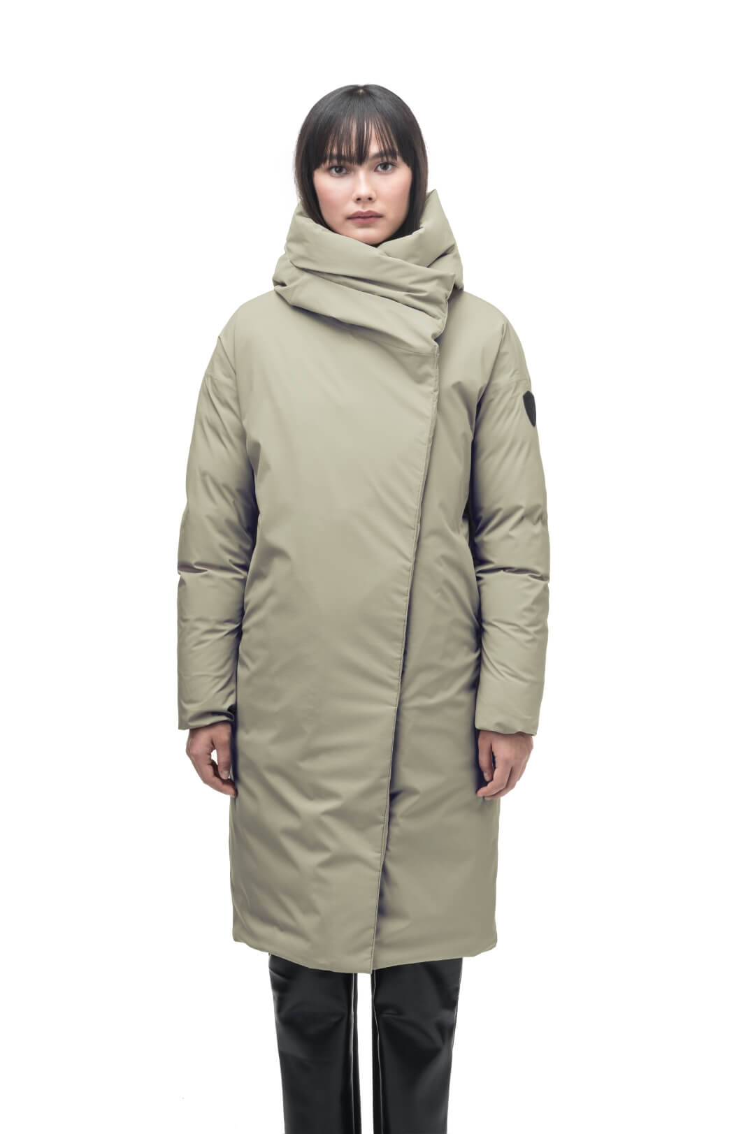 Axis Ladies Oversized Coat in knee length, Canadian duck down insulation, and two-way front zipper, in Tea