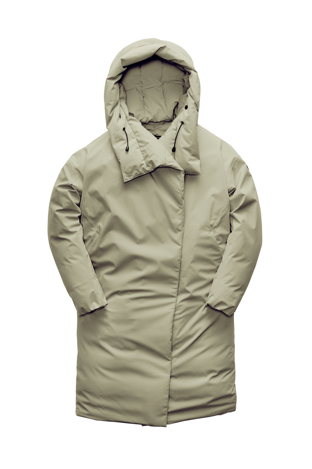 Axis Ladies Oversized Coat in knee length, Canadian duck down insulation, and two-way front zipper, in Tea