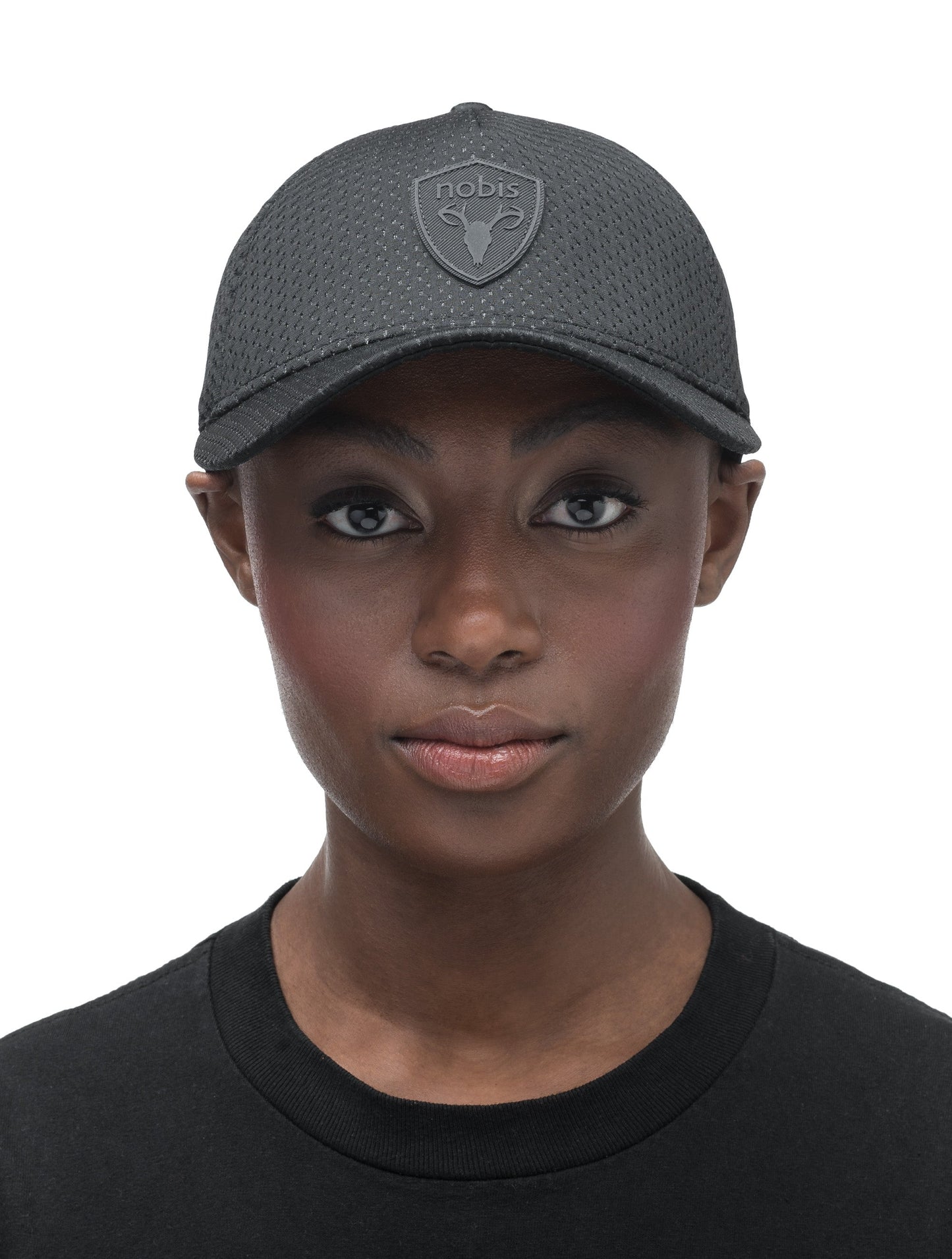 Unisex jersey 5-panel baseball hat with curved brim and adjustable strap at back in Black