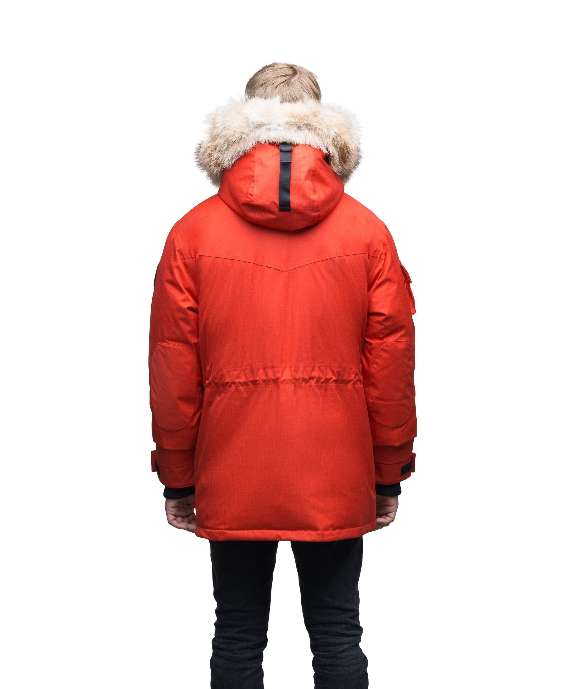 Men's down filled parka with four patch pockets and an adjustable waist with removable hood and removable fur trim in CH Red