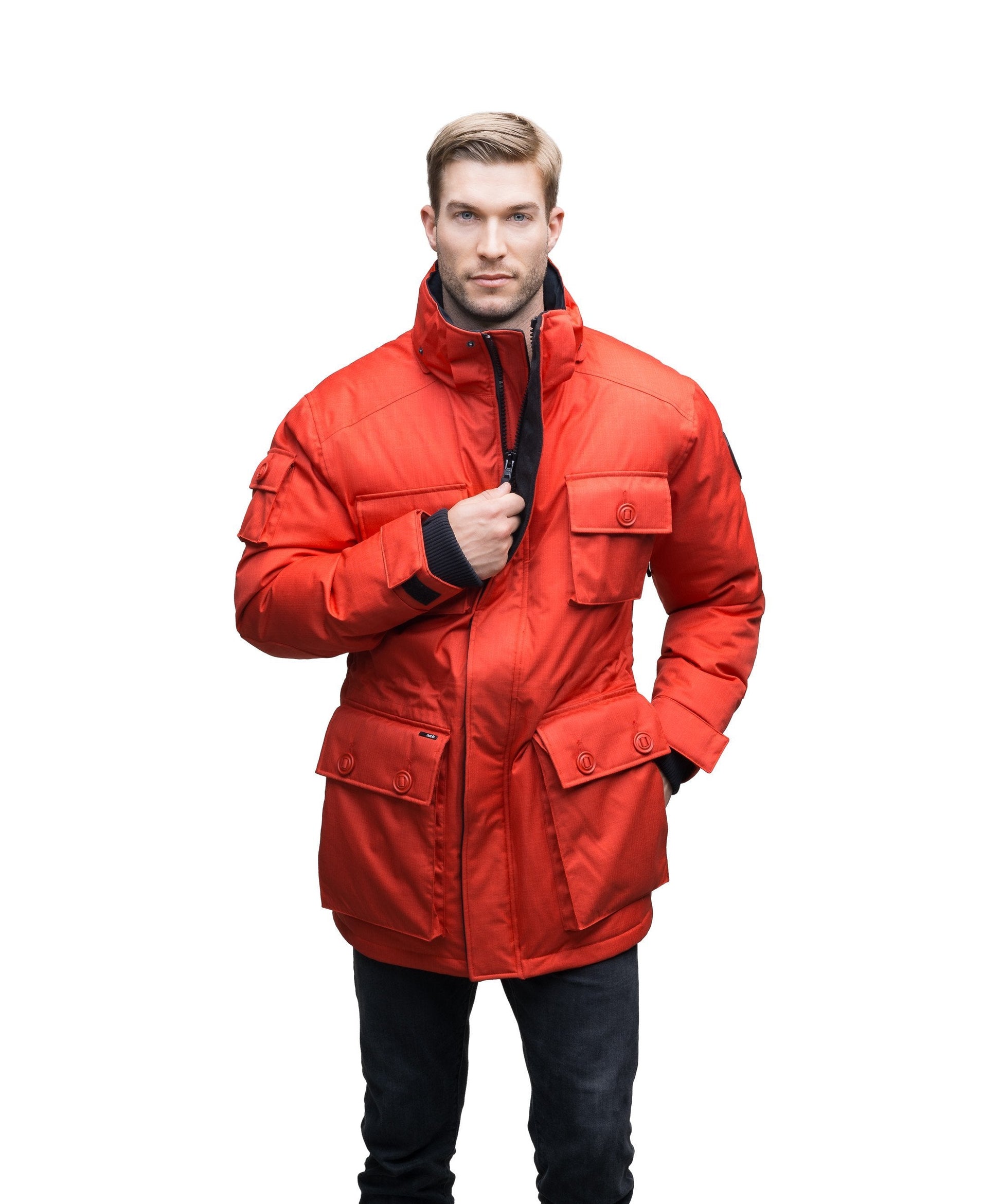 Men's down filled parka with four patch pockets and an adjustable waist with removable hood and removable fur trim in CH Red