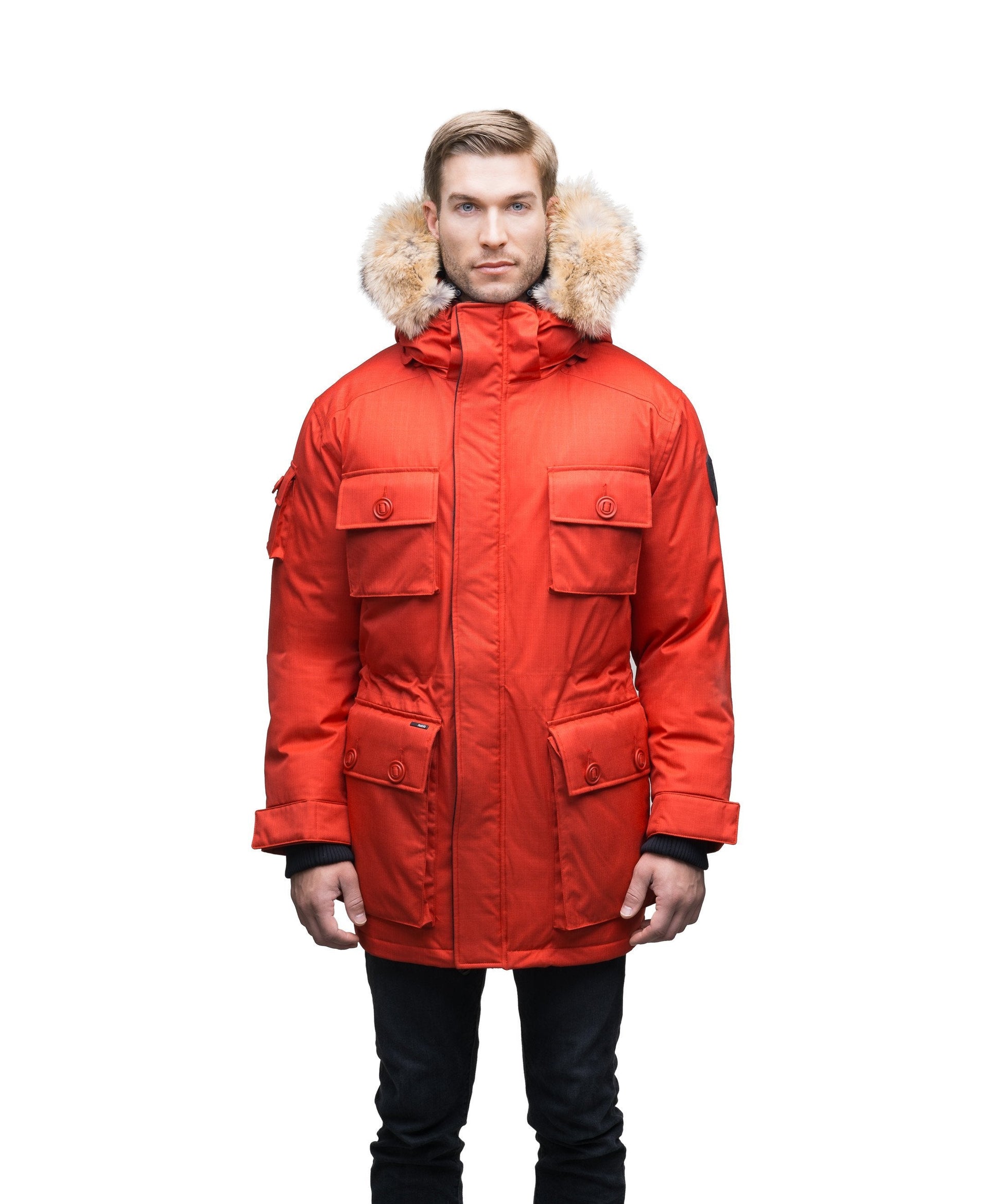 Men's down filled parka with four patch pockets and an adjustable waist with removable hood and removable fur trim in CH Red