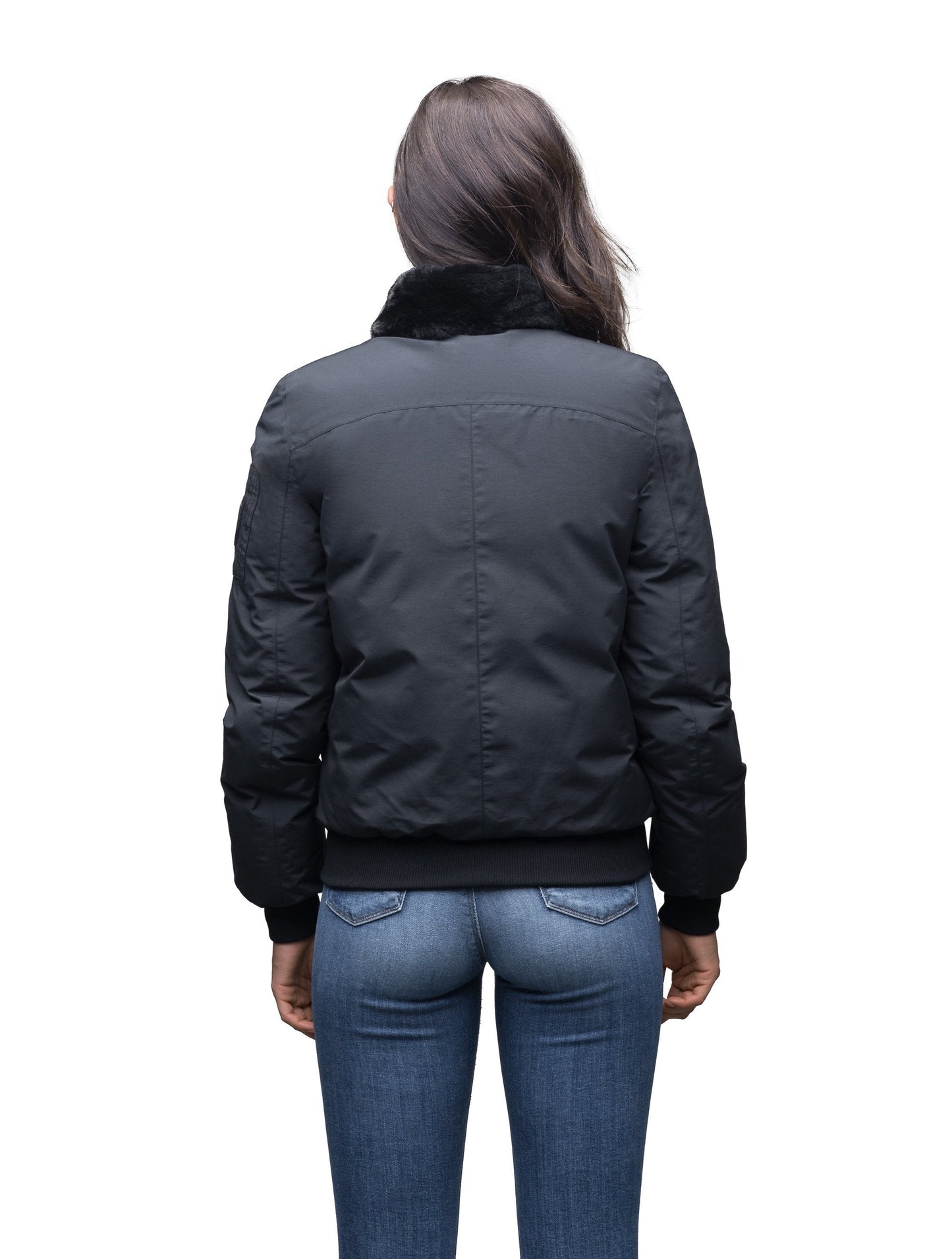 Women's hip length sleek down filled bomber jacket with removeable faux fur trim in Cy Black