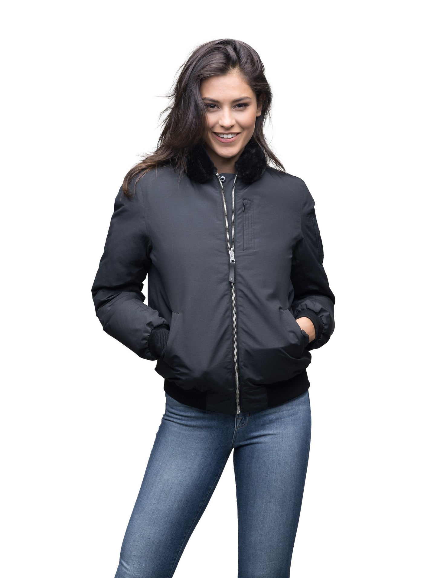 Women's hip length sleek down filled bomber jacket with removeable faux fur trim in Cy Black