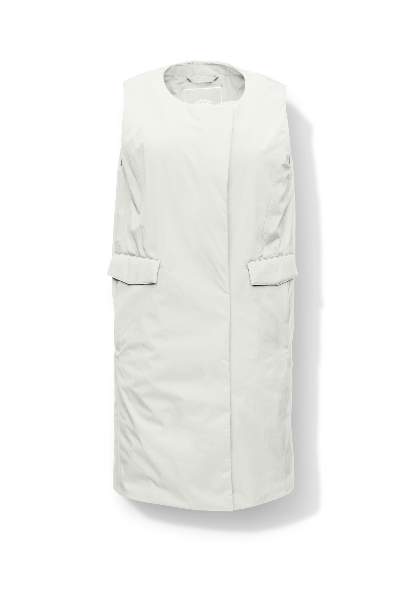 Brexton Women's Tailored Long Mid Layer Vest in knee length, centre front wind flap, flap closure waist pocket with additional side entry storage, single vent on back bottom hem, in Chalk