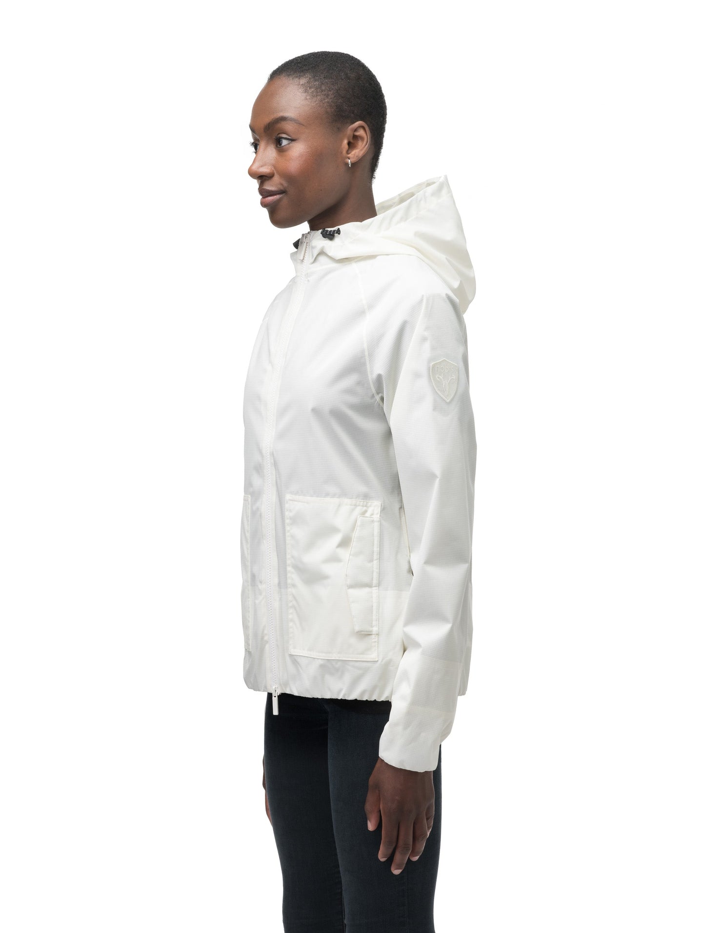 Women's hip length waterproof jacket with non-removable hood and two-way zipper in Chalk