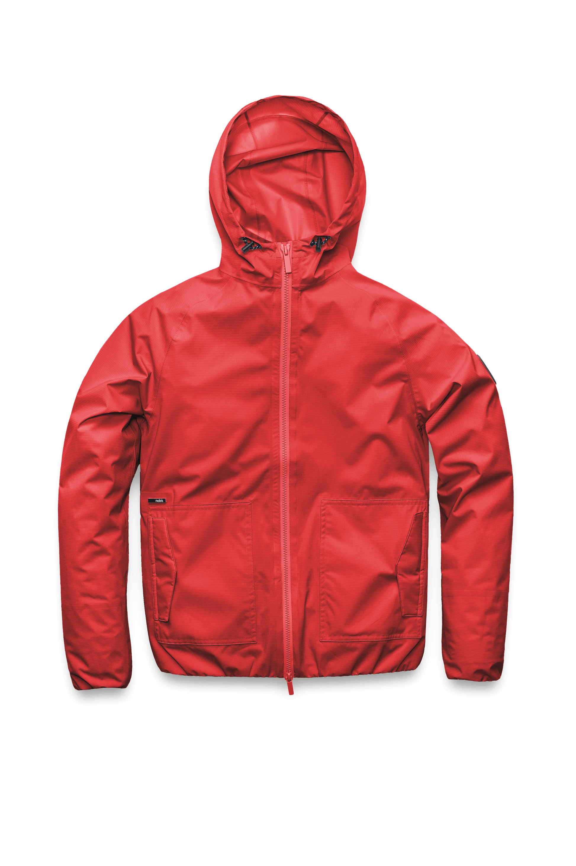 Women's hip length waterproof jacket with non-removable hood and two-way zipper in Vermillion