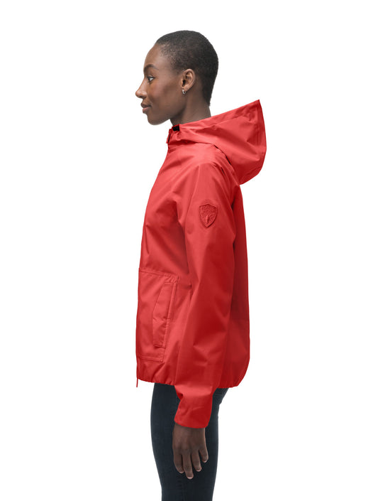 Women's hip length waterproof jacket with non-removable hood and two-way zipper in Vermillion + Vermillion